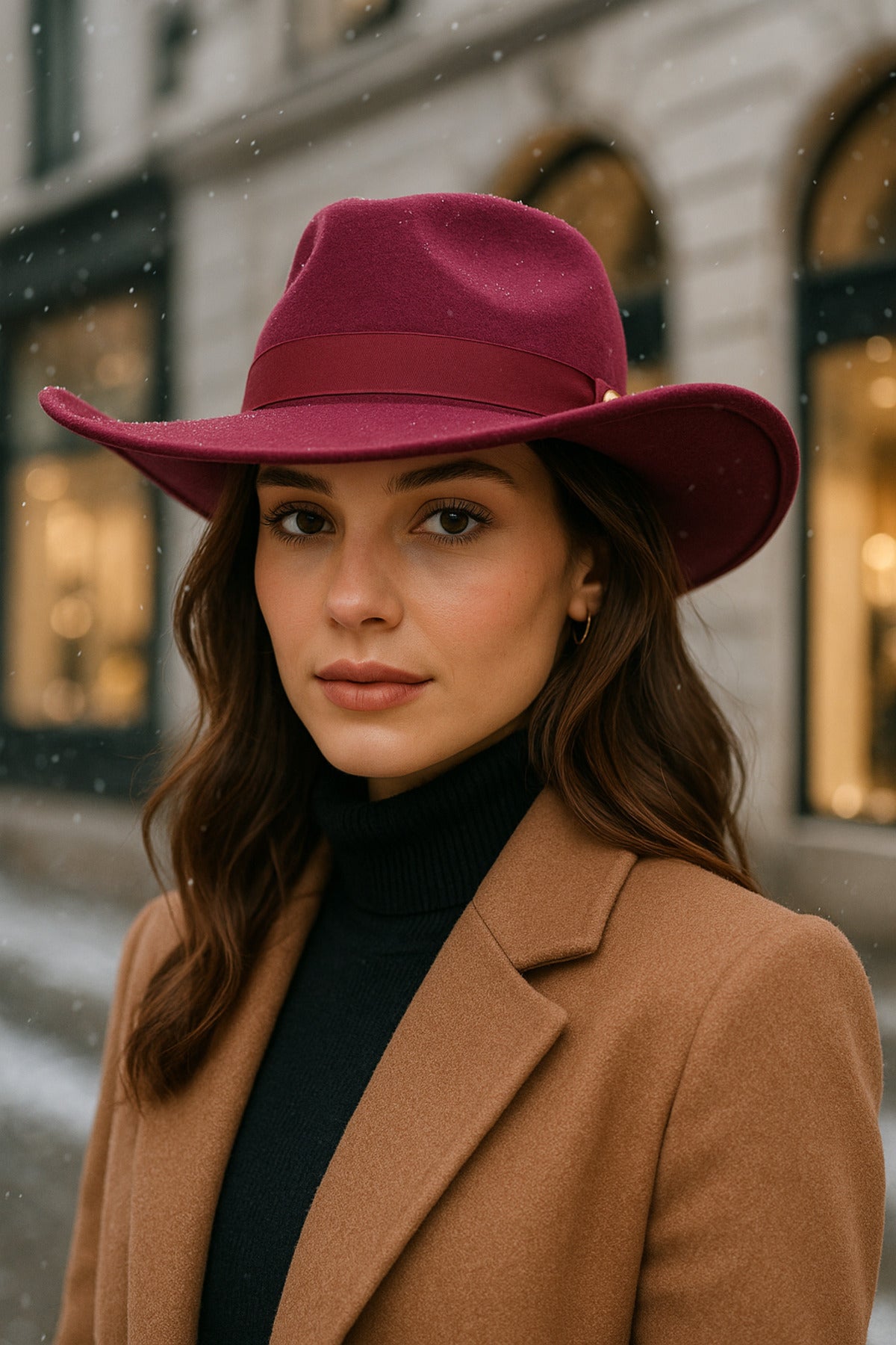 Kadın Bordo Kenarı Kıvrık Kovboy Kaşe Panama Şapka SPK1149