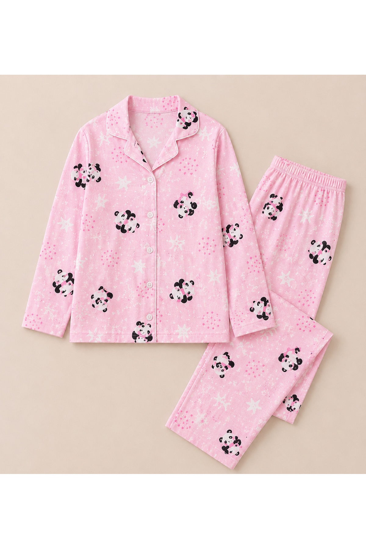 Kız çocuk pamuklu düğmeli uzun kollu pijama takımı