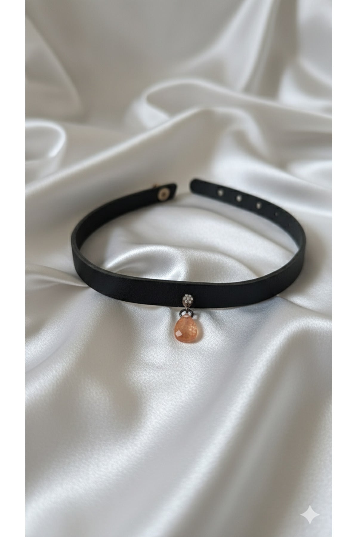 925 Ayar Mor Damla Taş Sallantılı, Deri Choker Kolye