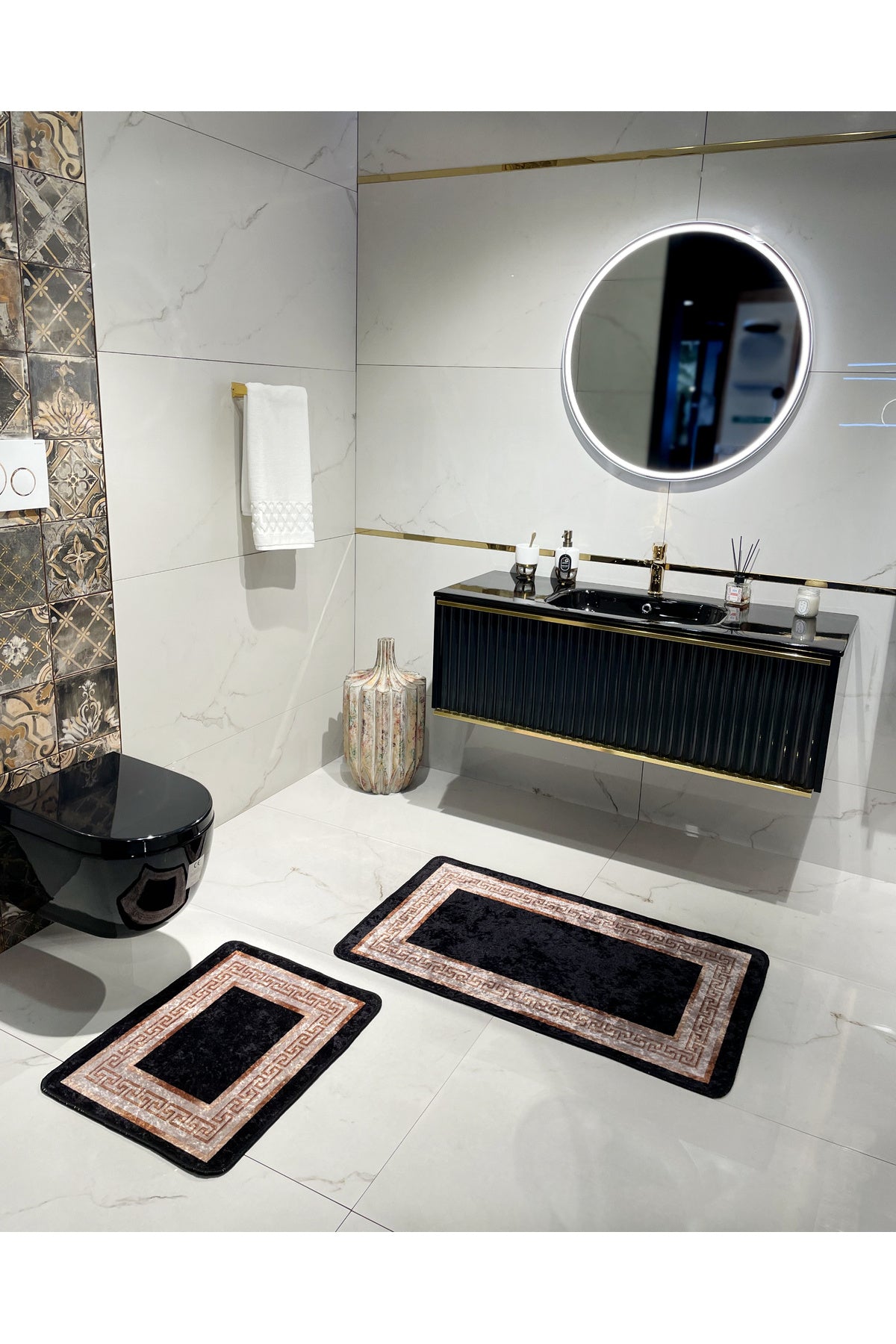 Bordürlü Desenli 2'li Lateks Deri Taban Banyo Paspas Takımı (60X100 - 60X50) Siyah