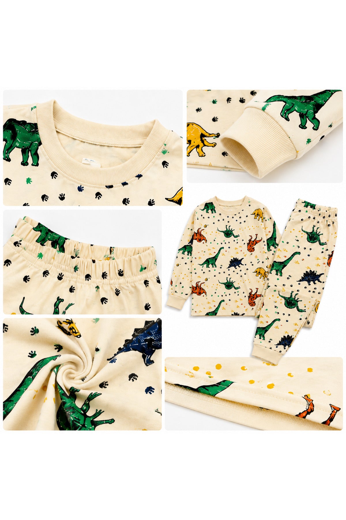 Elmas kids Erkek çocuk %100 pamuklu dinozor desenli bej renk uzun kollu pijama takımı