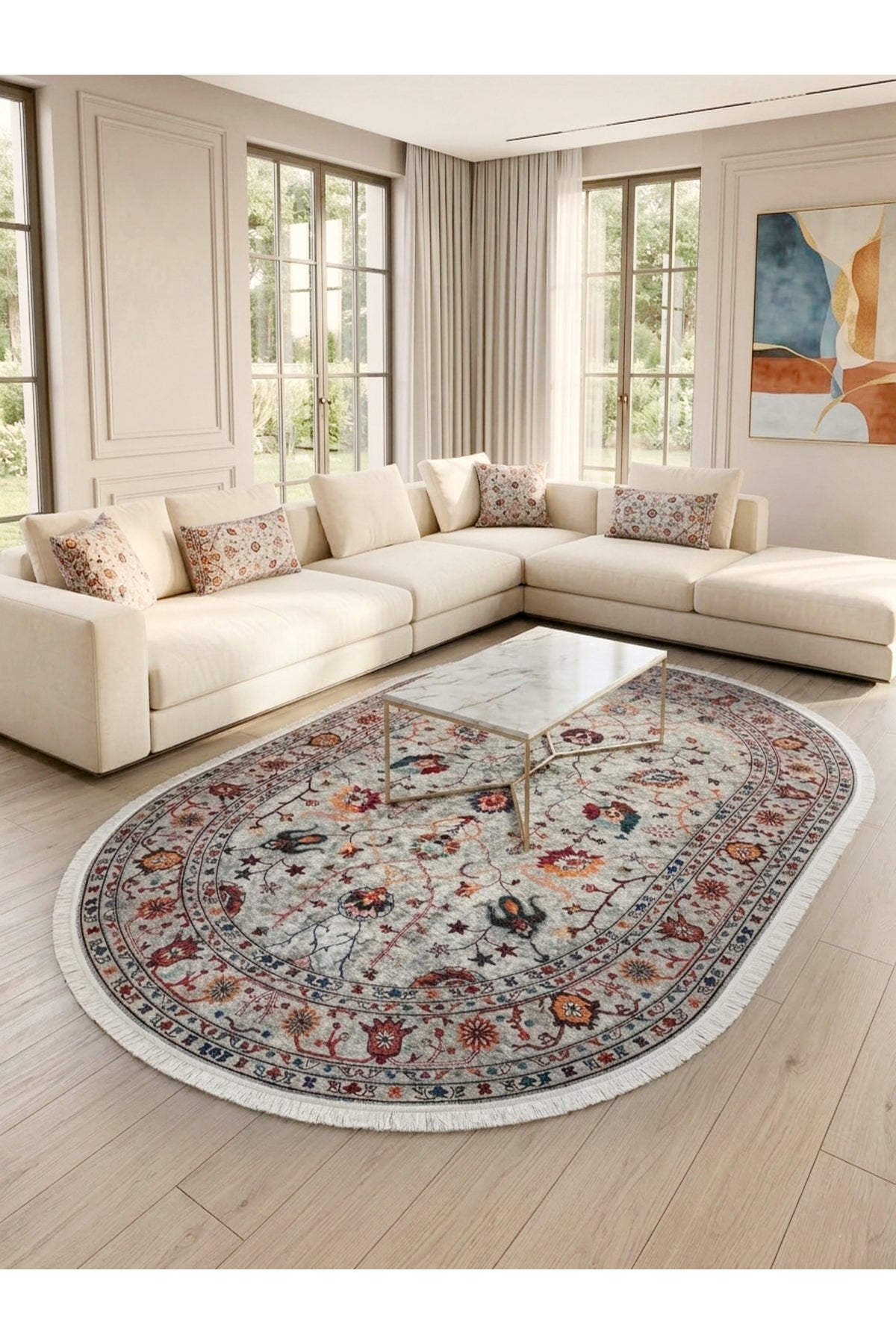 Gri Renk Vintage Çiçekli Oval Lateks Kaymaz Taban Halı