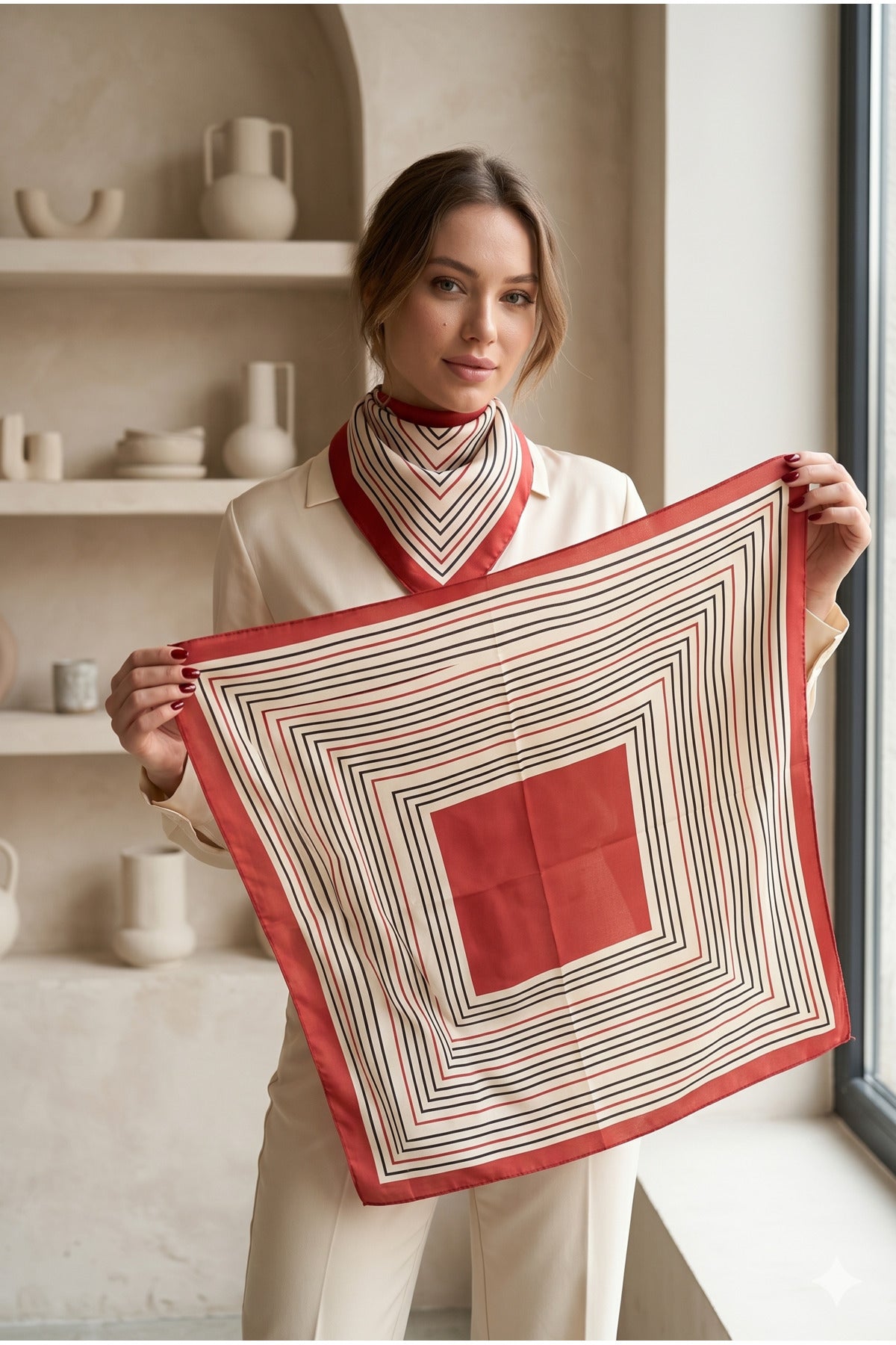 Kadın Desenli Saten Boyun Fuları Bandana 70x70 Kırmızı Ekru Siyah FLR2001