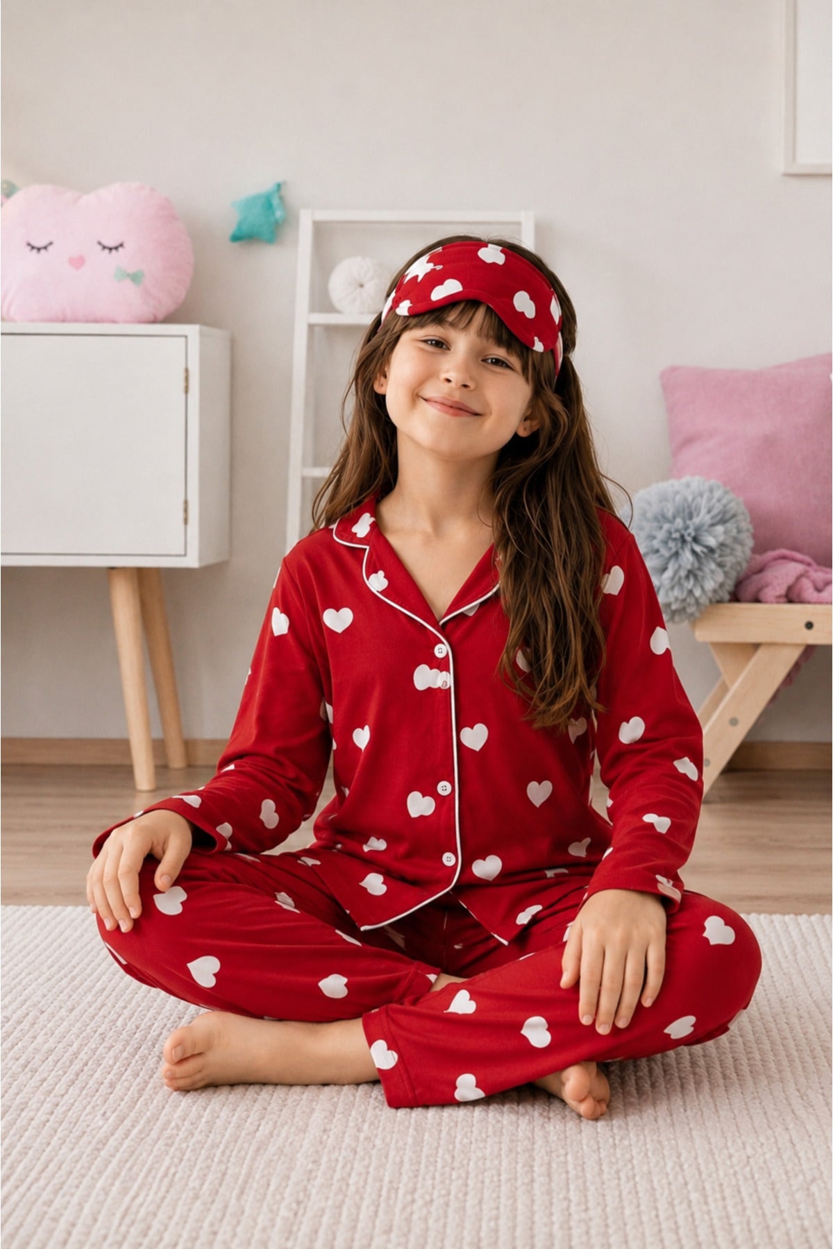 Kız çocuk pamuklu düğmeli uyku bantlı uzun kollu süet pijama takımı