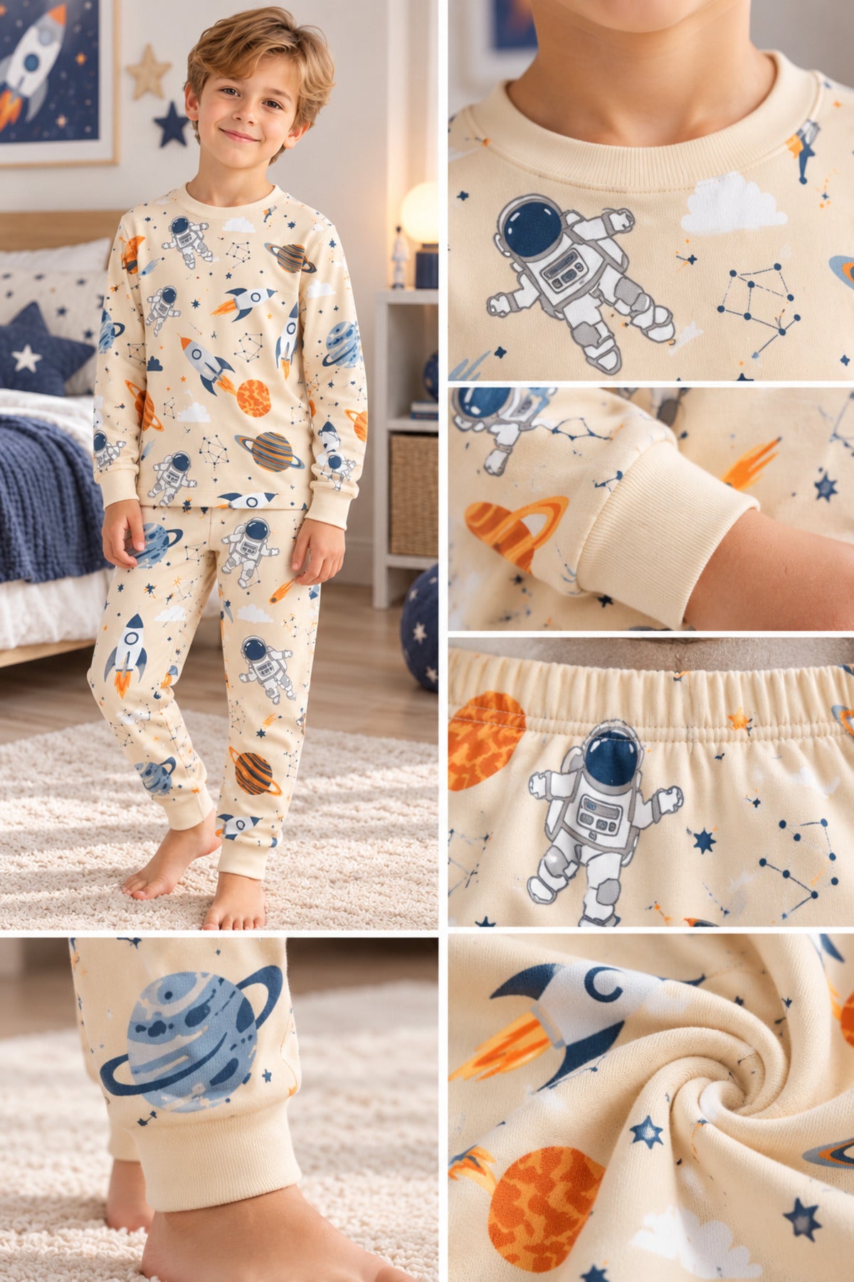 %100 pamuk erkek çocuk astronot Desenli uzun kollu pijama takımı