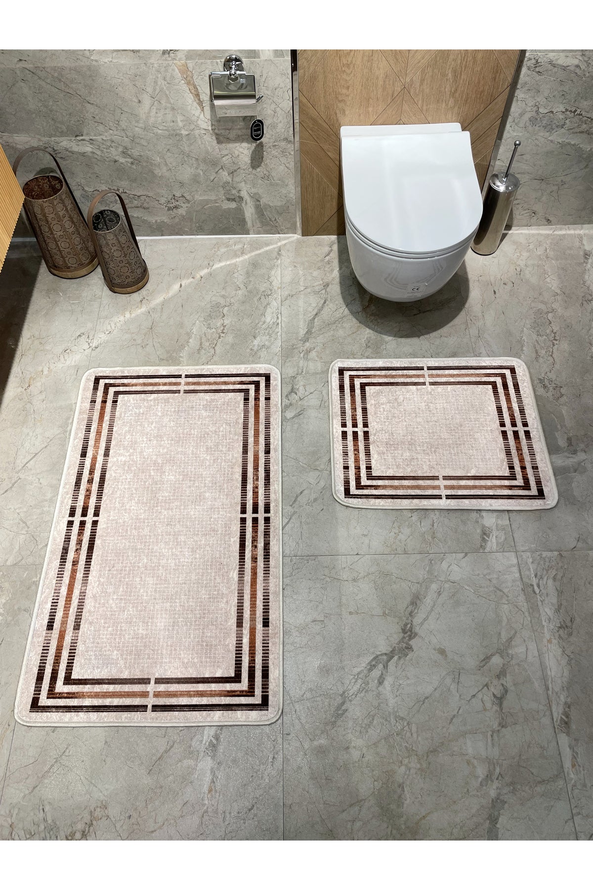 Bej Renk Çizgi Desenli 2 li Deri Taban Banyo Paspas (60x100 - 60x50)