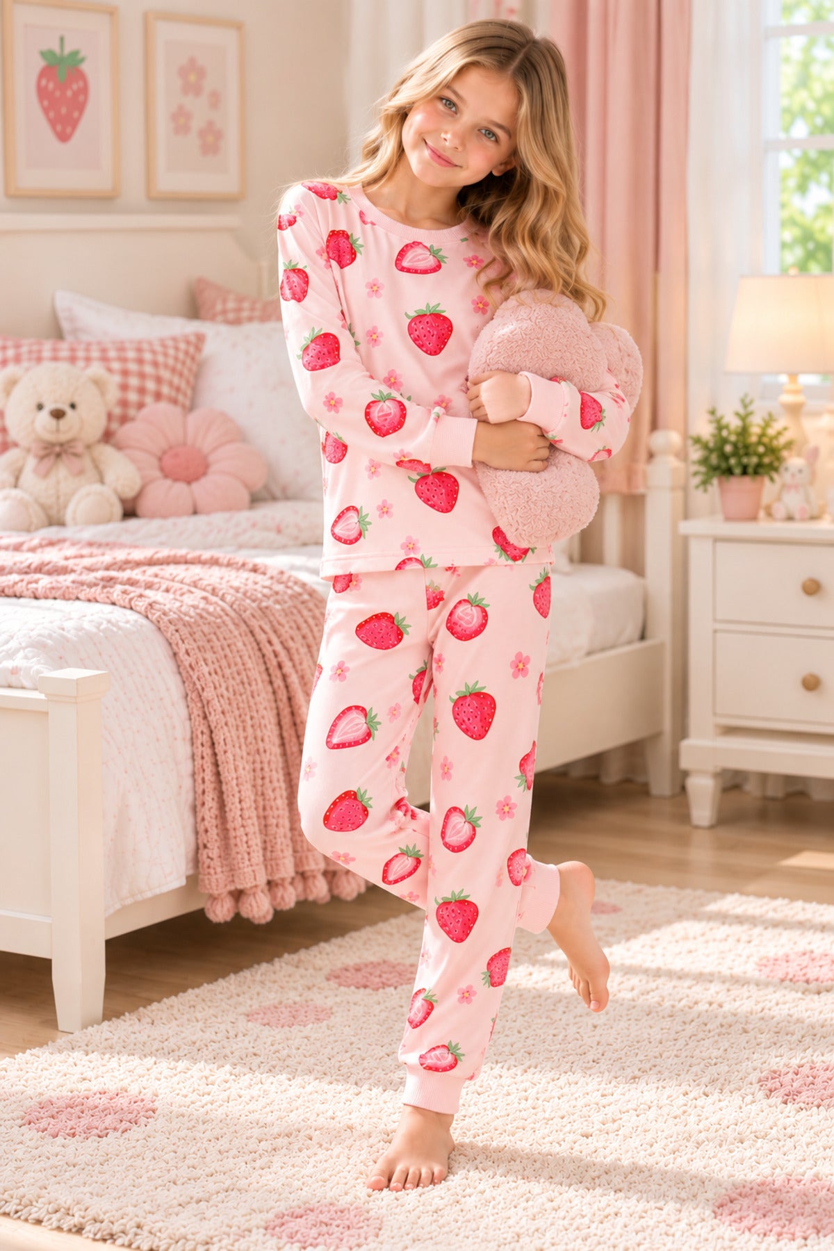 Kız çocuk %100 Pamuklu elmas kids çilek desenli uzun kollu pijama takımı
