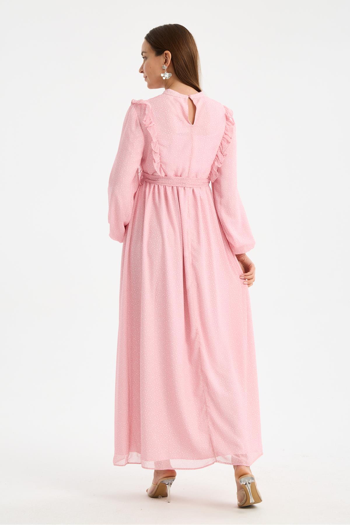 M0024-Hakim Yaka Mini Leopar Desen Hamile Maxi Şifon Elbise