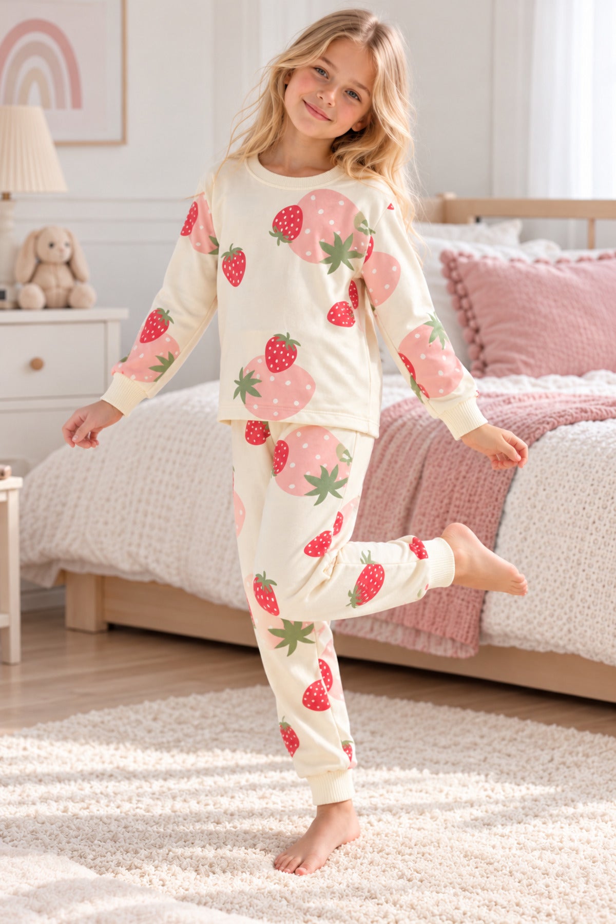 %100 pamuk kız çocuk çilek desenli uzun kollu pijama takımı