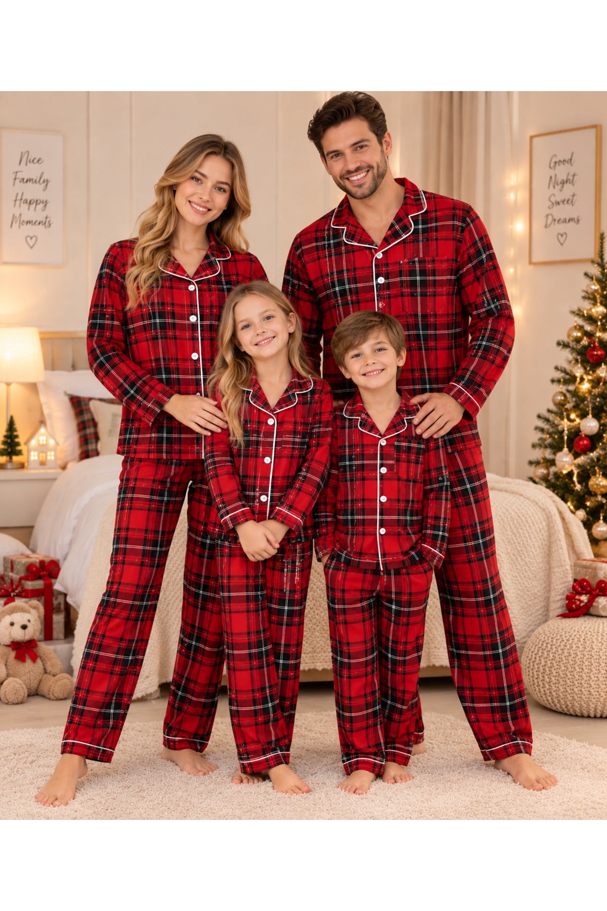 Baba oğul anne kız aile kombini Pamuklu uzun kollu düğmeli pijama takımı ( tek takım fiyatıdır)