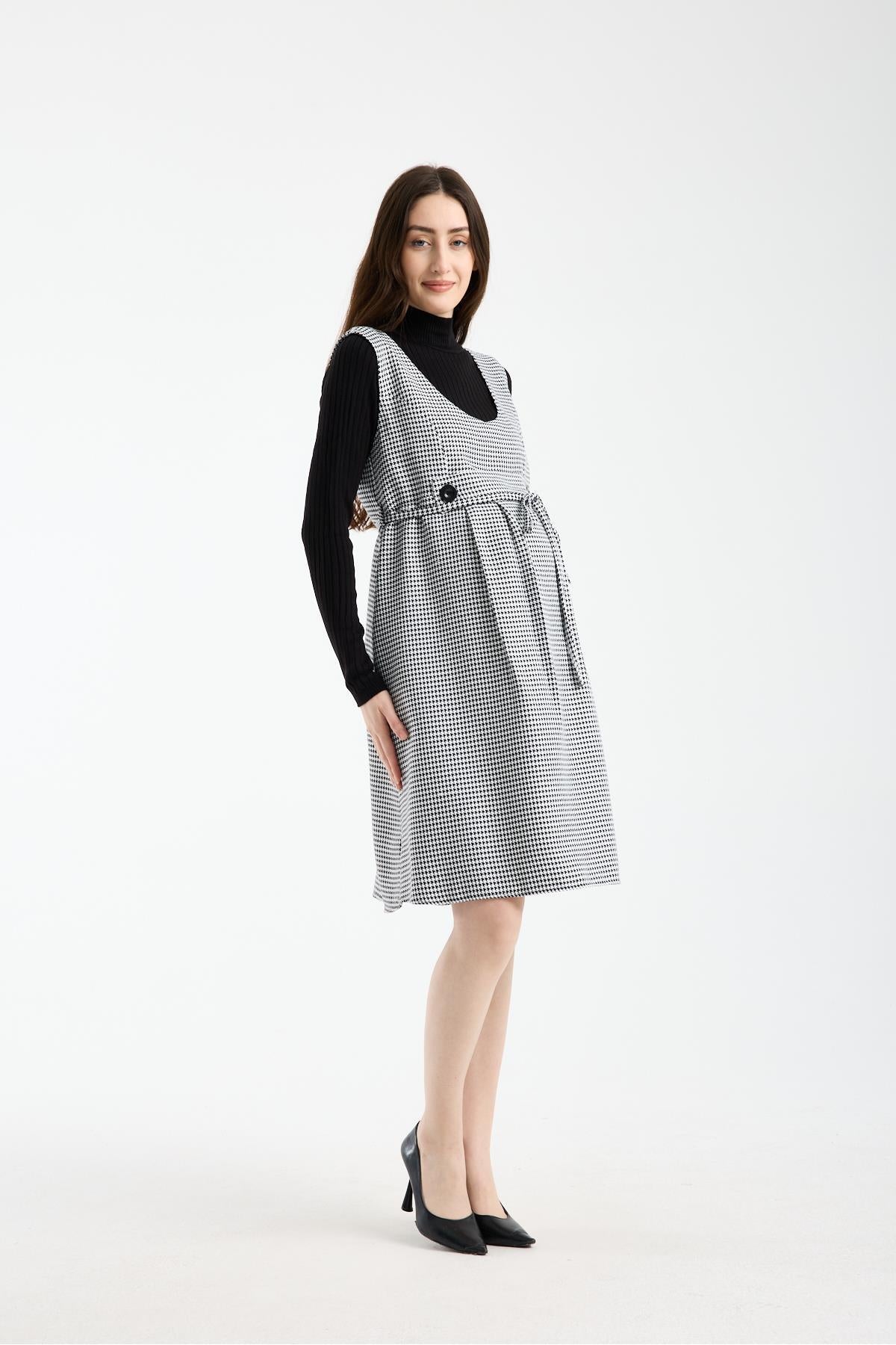 9138-Kazayağı Çift Düğme Mini Hamile Jile Elbise