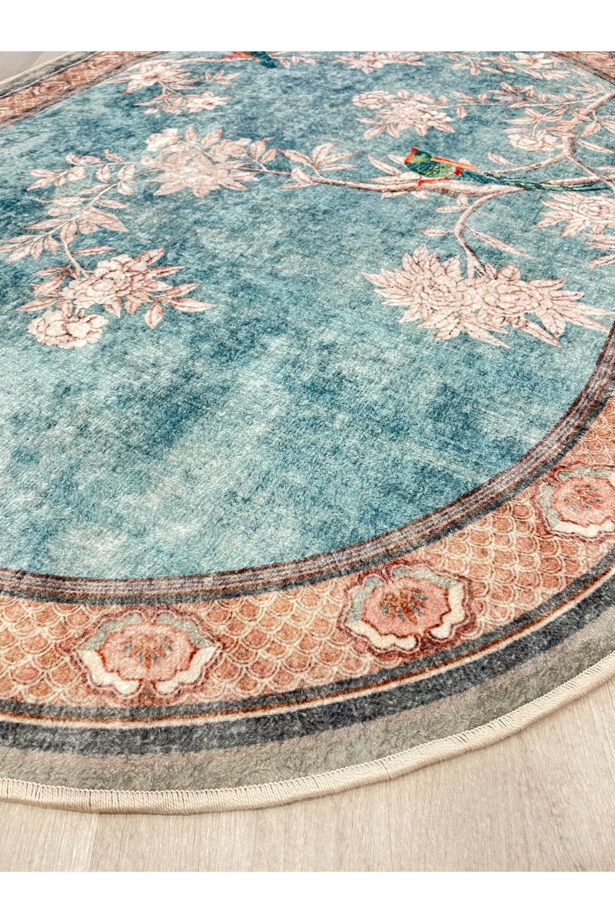 Soft Mavi Kuş Desenli Lateks Taban Oval Halı