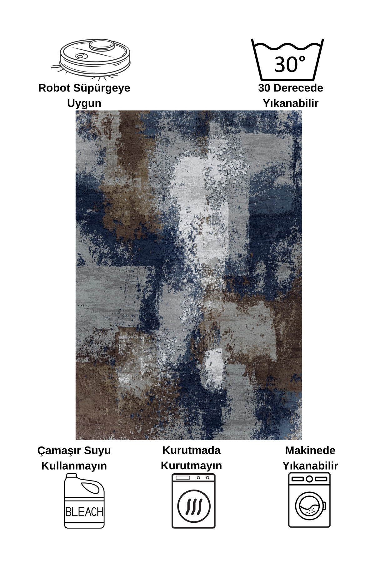 GRİ-LACİVERT Abstract Desenli Kaymaz Taban Yolluk Halı
