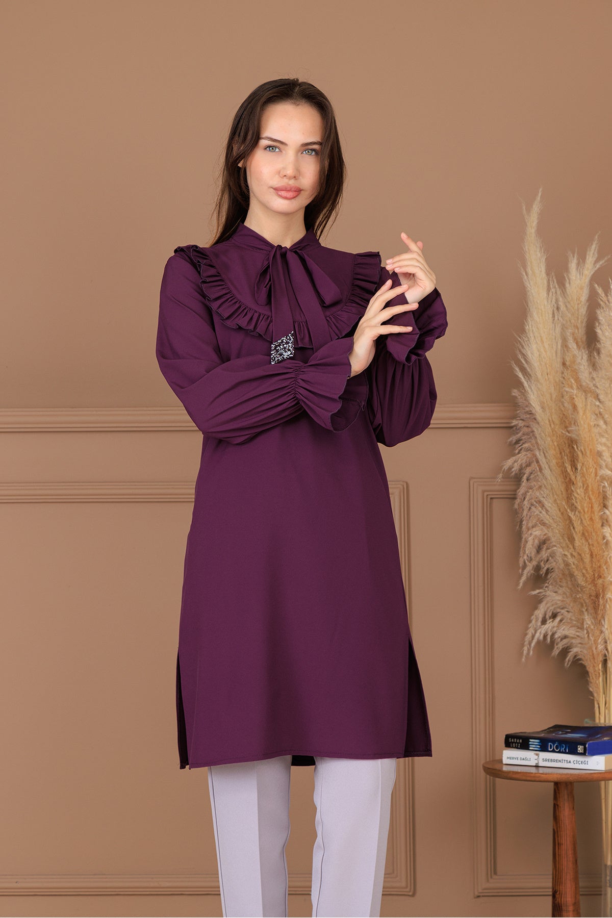 Azel Tesettür Tunik Pantolon İkili Takım, Taş Detaylı, Kravatlı, Yırtmaçlı