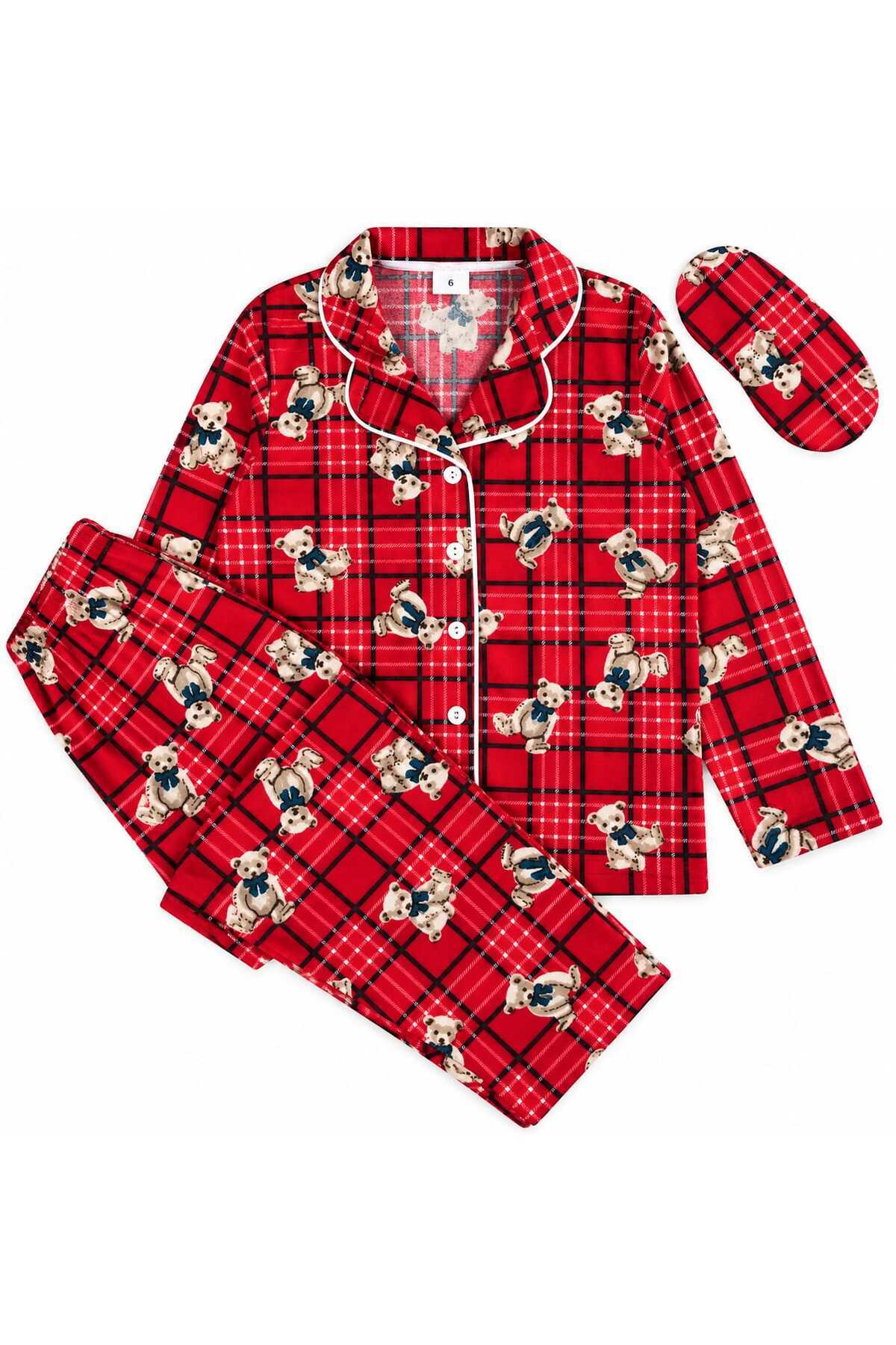 Kız çocuk pamuklu uzun kollu düğmeli ayıcık desenli süet pijama takımı