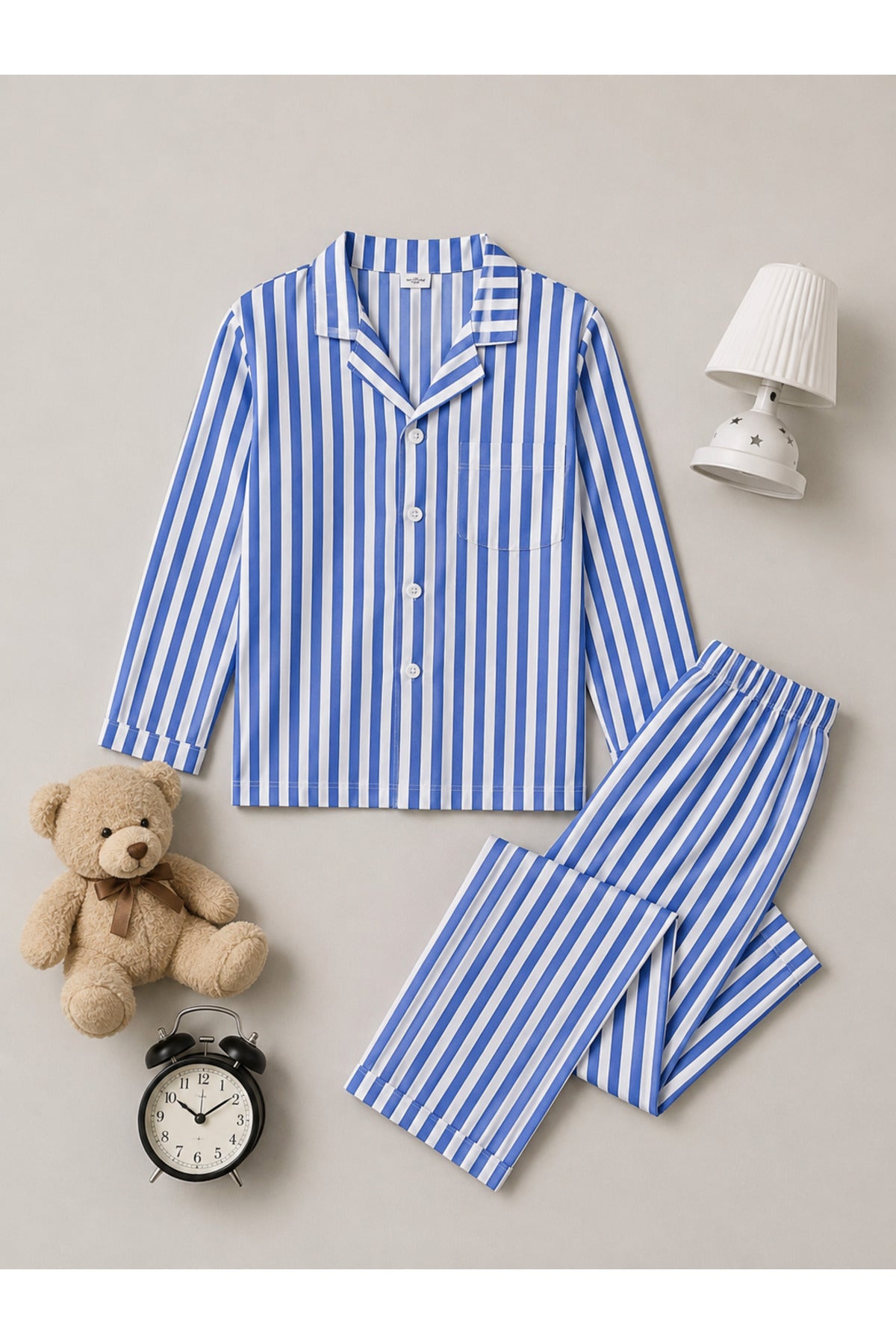 Erkek çocuk pamuklu düğmeli uzun kollu süet pijama takımı