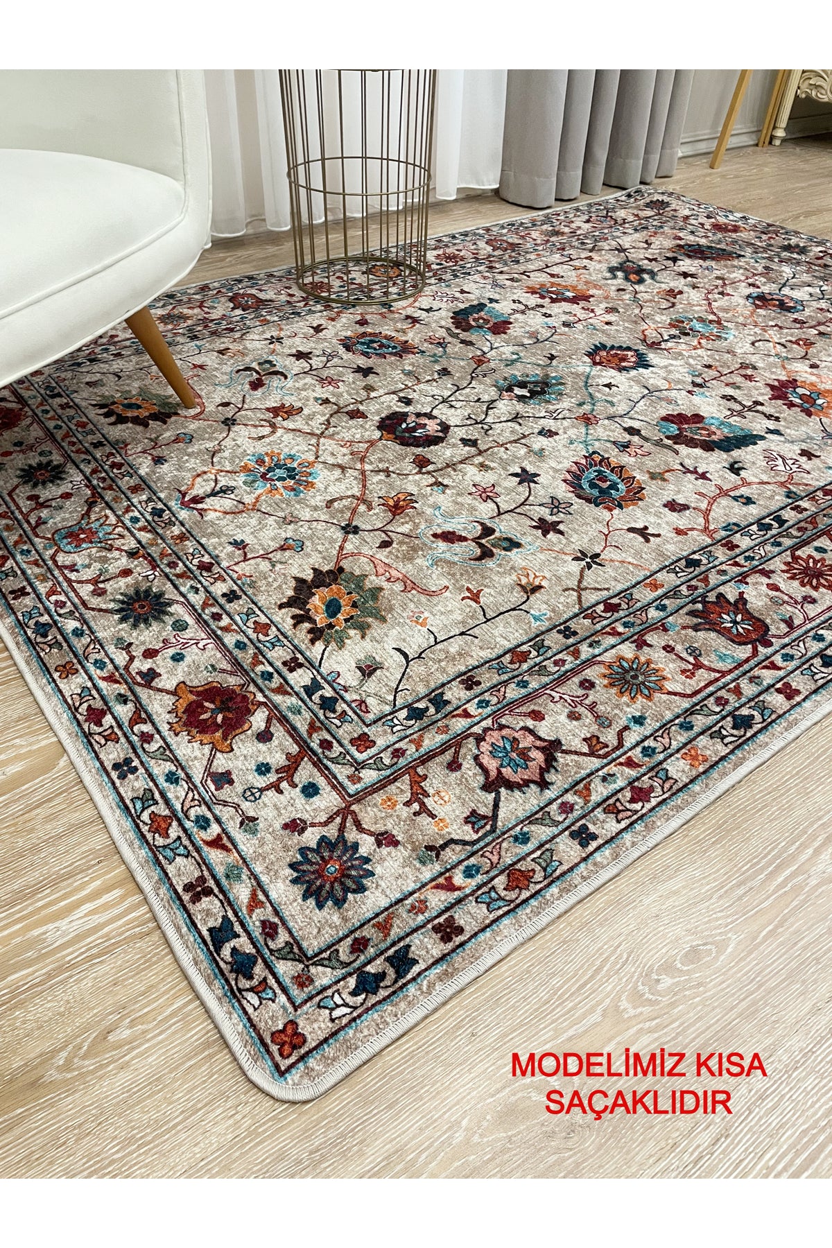 Gri Renk Vintage Çiçekli Oval Lateks Kaymaz Taban Halı