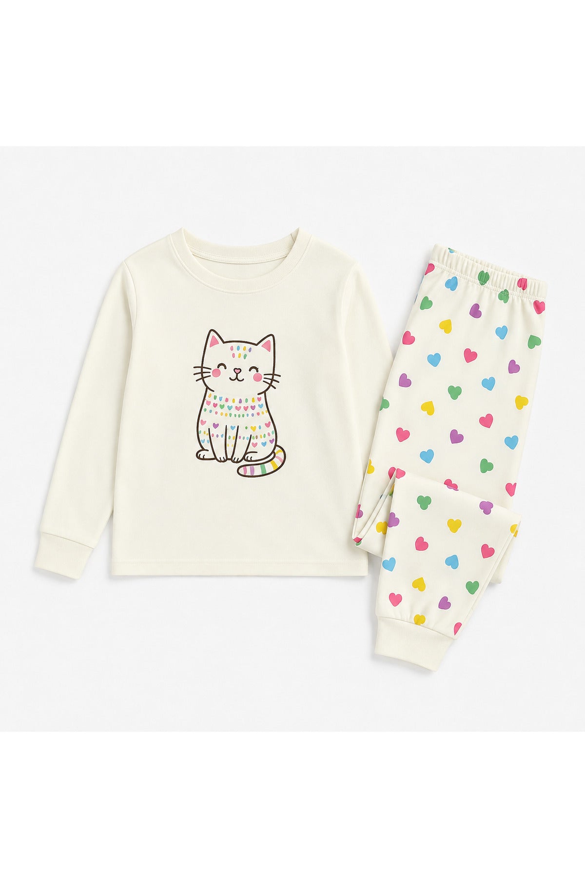 Kız çocuk %100 pamuklu sevimli kedi desenli uzun kollu kışlık pijama takımı