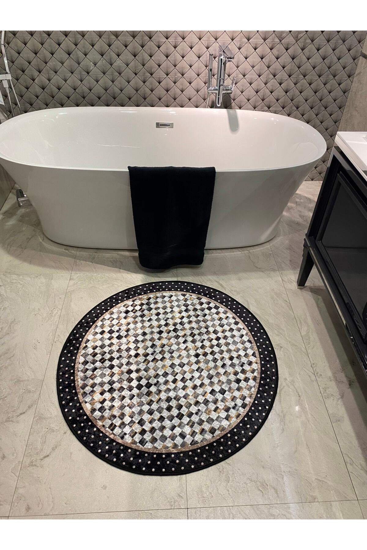 Robert Mavi Dama Desen Saçaksız Yuvarlak Banyo Paspası - Mavi Ebat 100x100