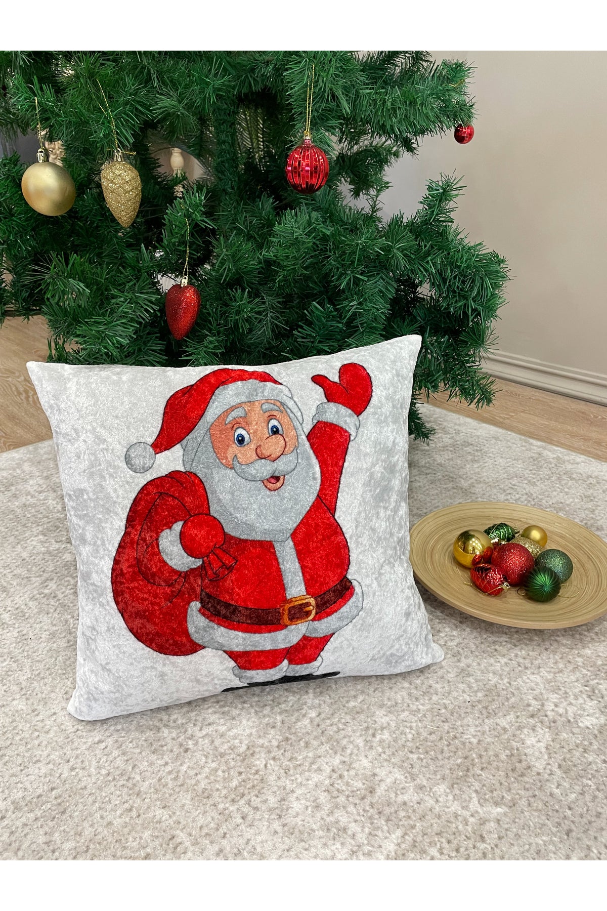 Noel Baba Desen Kadife Kırlent Yastık Kılıfı (AÇIK GRİ)
