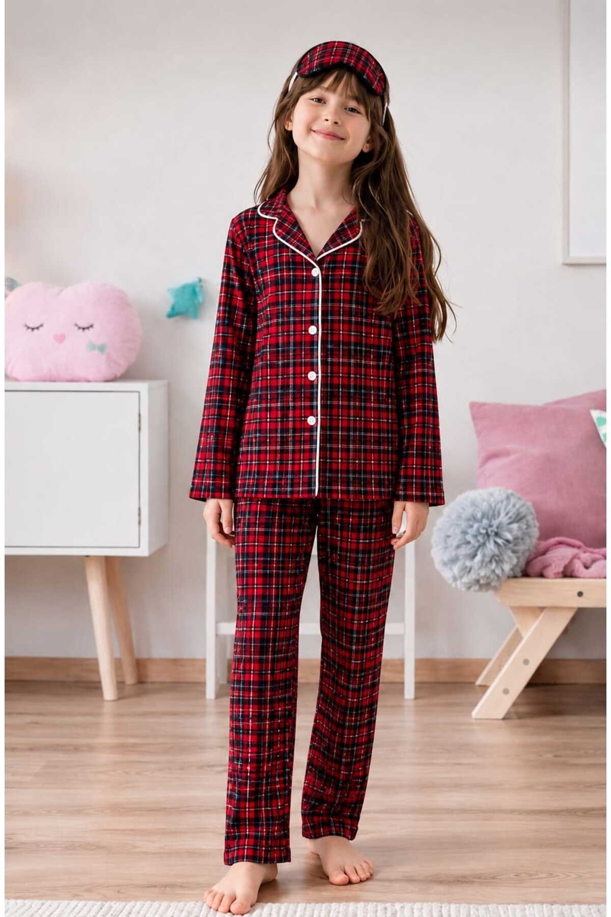 Kız çocuk pamuklu ekose desenli uzun kollu düğmeli pijama takımı