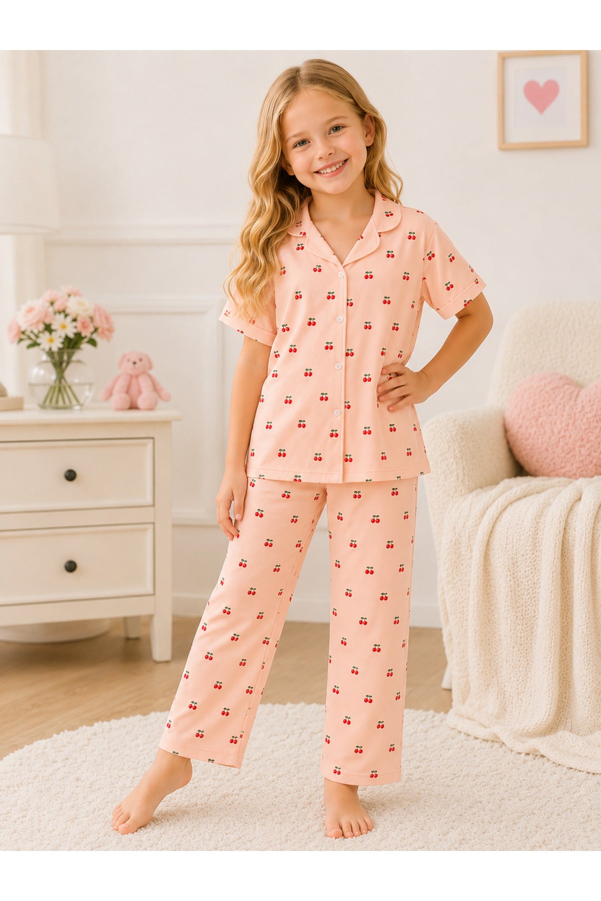 Kız çocuk kiraz desenli düğmeli gömlek yaka yazlık kısa kollu pijama takımı
