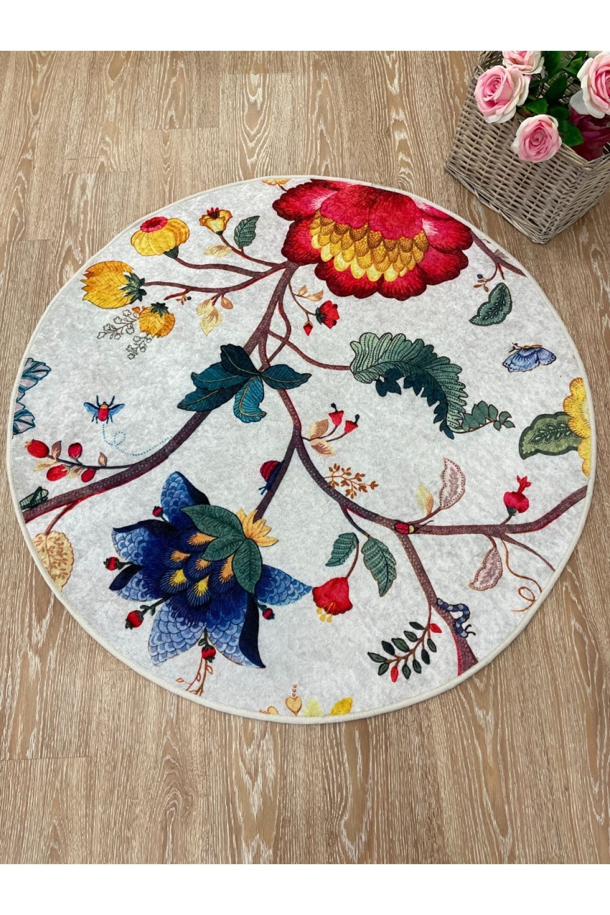 Çiçek Desenli Dekoratif Deri Taban Yuvarlak Halı - Gri