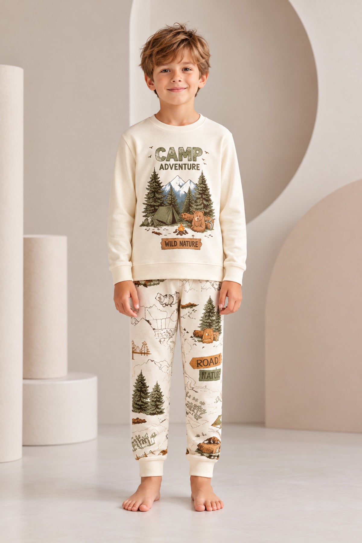 Erkek çocuk %100 pamuk camp desenli uzun kollu pijama takımı