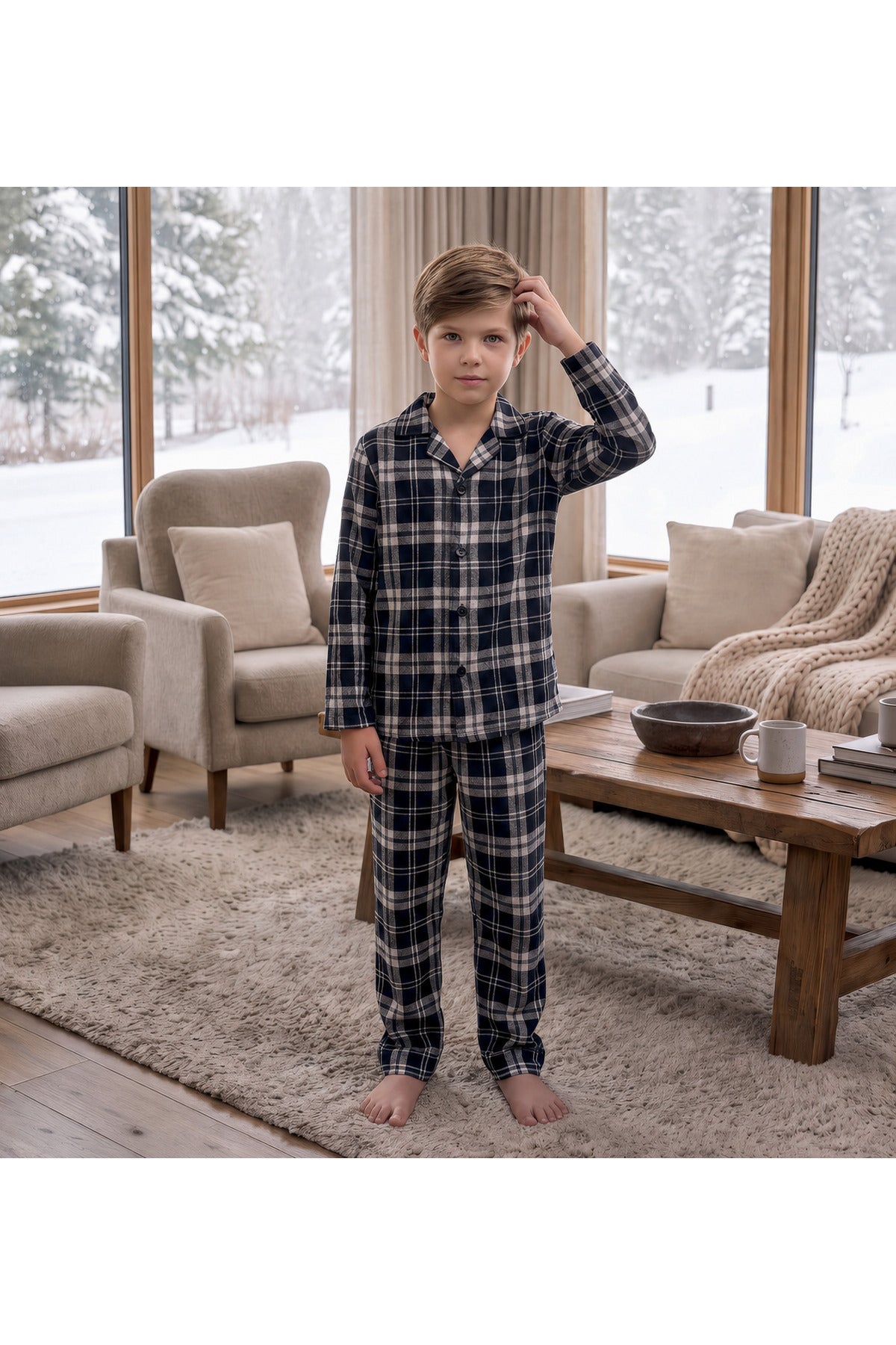 Erkek çocuk pamuklu düğmeli uzun kollu pijama takımı