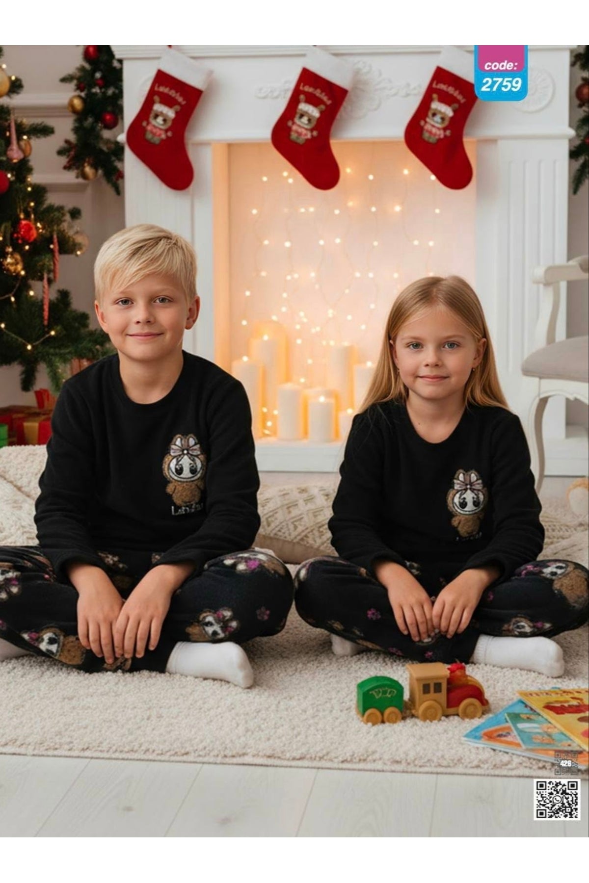 Kız ve erkek çocuk unisex model labubu desenli polar kışlık pijama takımı