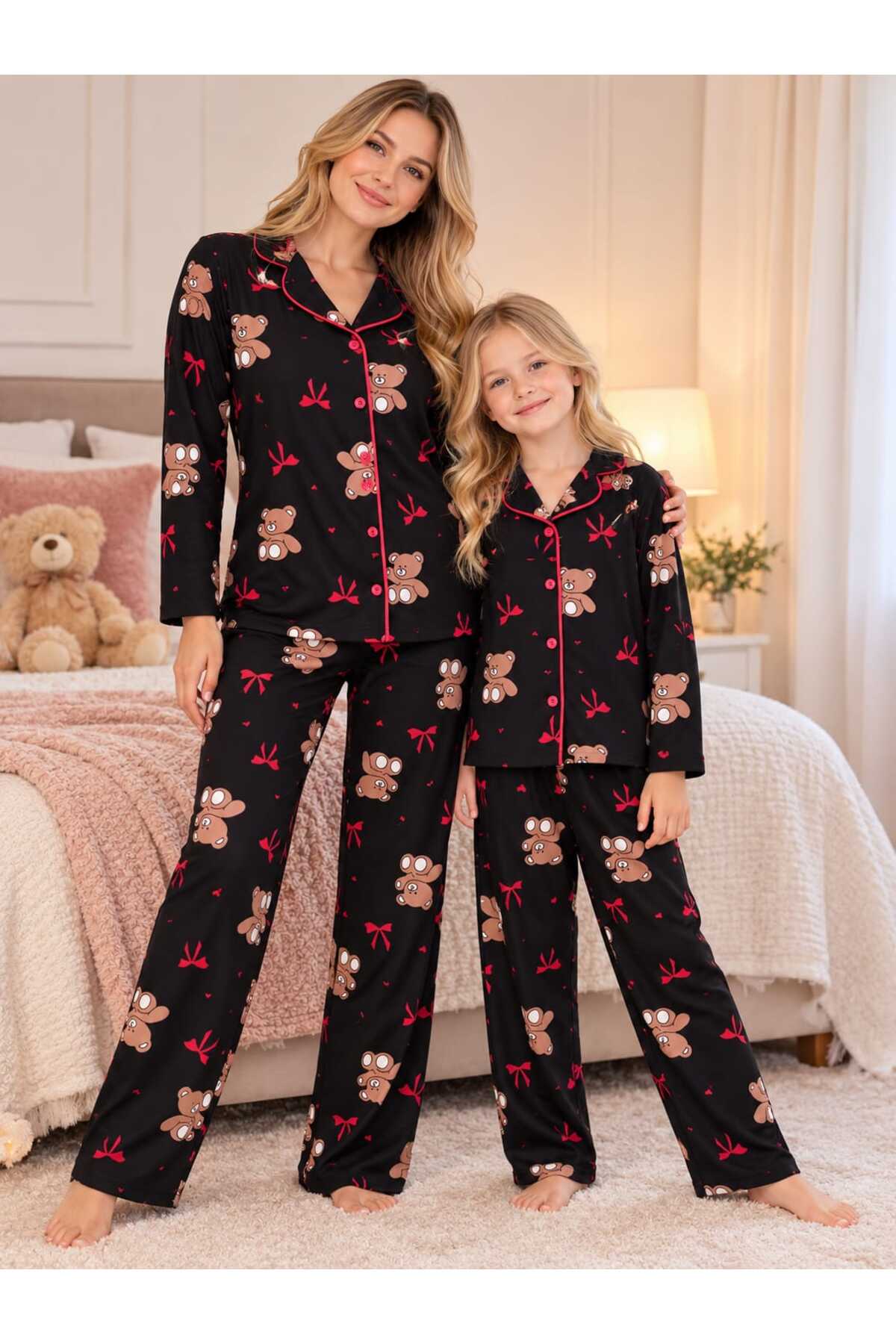Anne kız kombin uzun kollu düğmeli siyah renk süet pijama takımı (tek takım fiyatıdır)