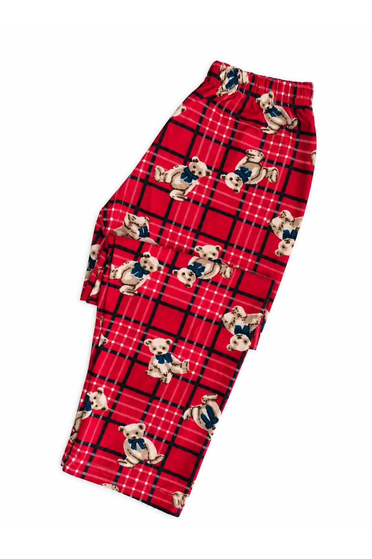 Kız çocuk pamuklu uzun kollu düğmeli ayıcık desenli süet pijama takımı
