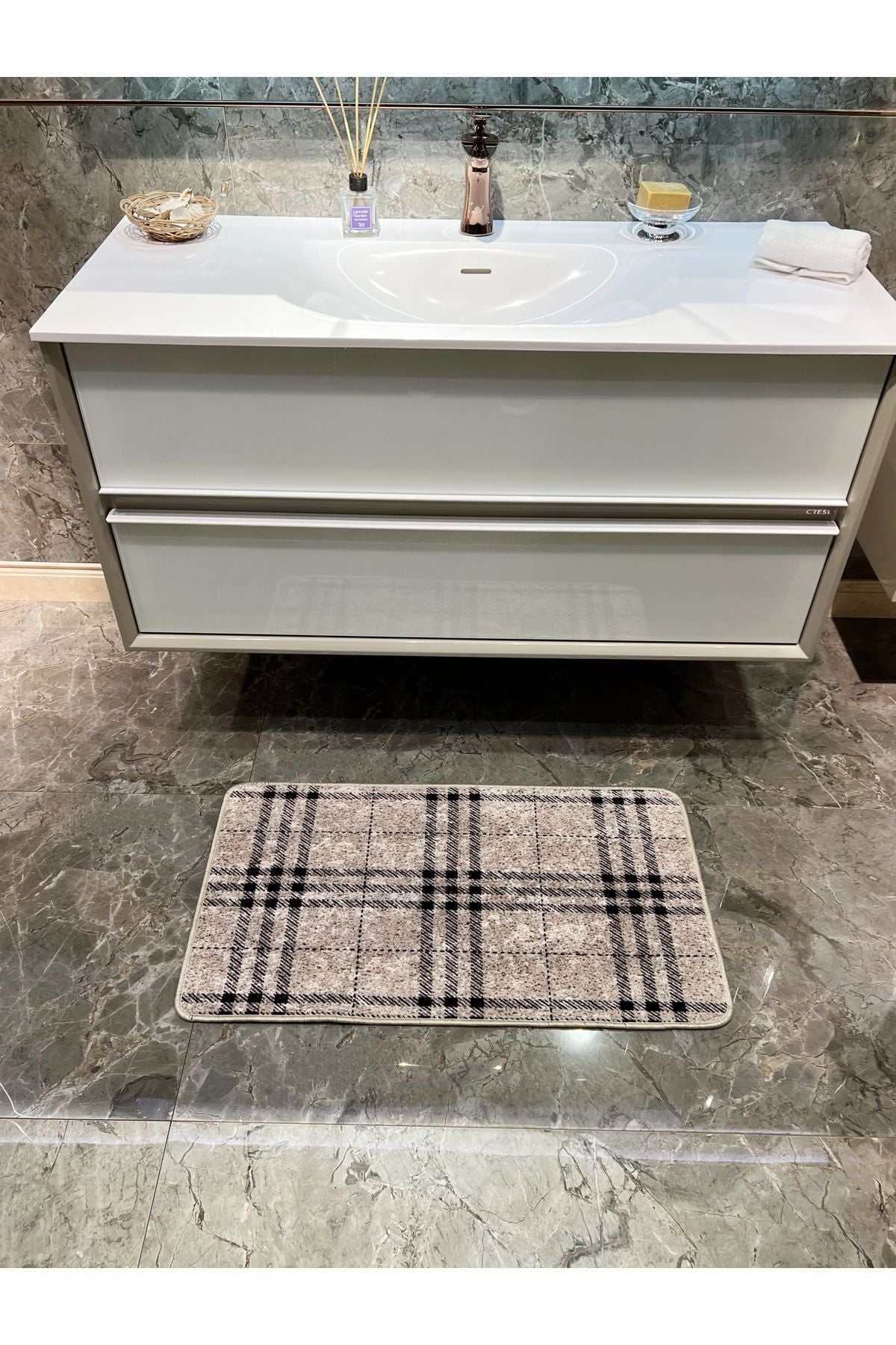 Tekli Ekose Desen Banyo Paspası - Bej (60X100 Ölçü)