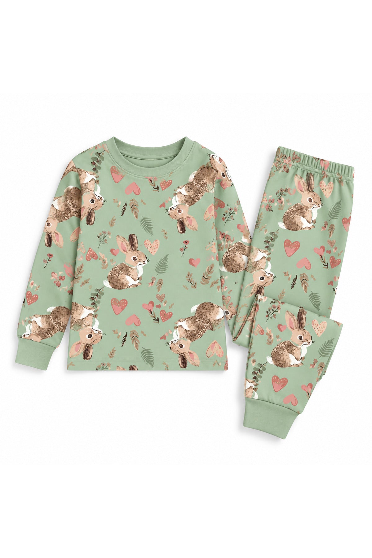 Kız çocuk %100 pamuklu sevimli tavşan desenli yumuşacık uzun kollu pijama takımı