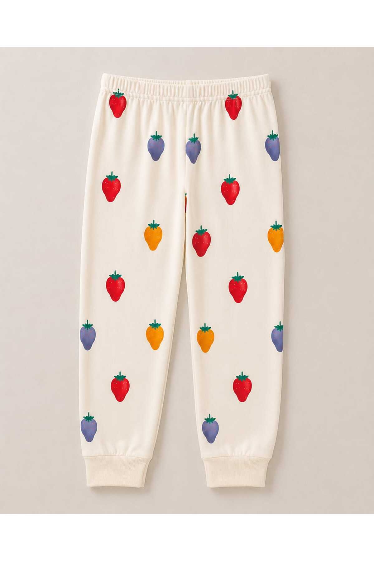 Kız çocuk %100 pamuklu rengarenk çilek desenli uzun kollu pijama takımı
