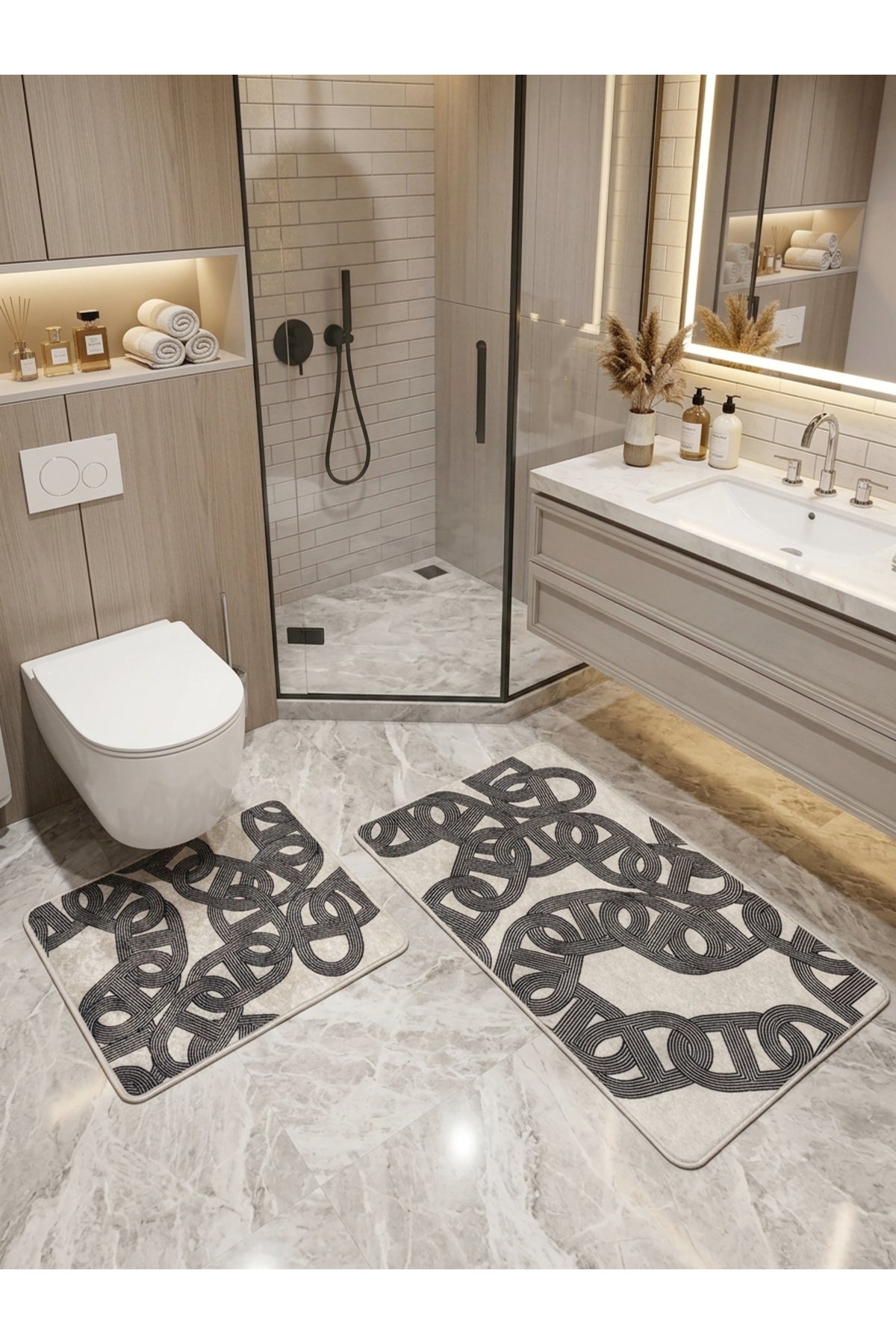 Zincir Desenli Lateks Taban 2'li Banyo Paspası (60x100-60x50)