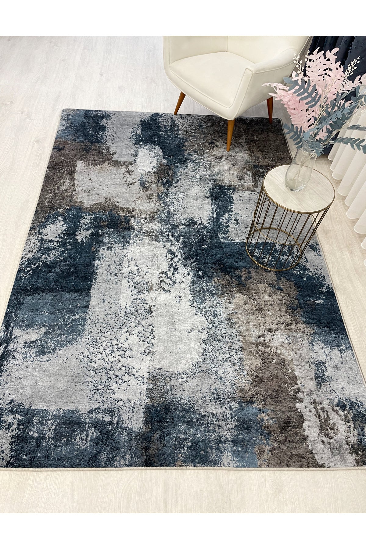 GRİ-LACİVERT Abstract Desenli Kaymaz Taban Yolluk Halı