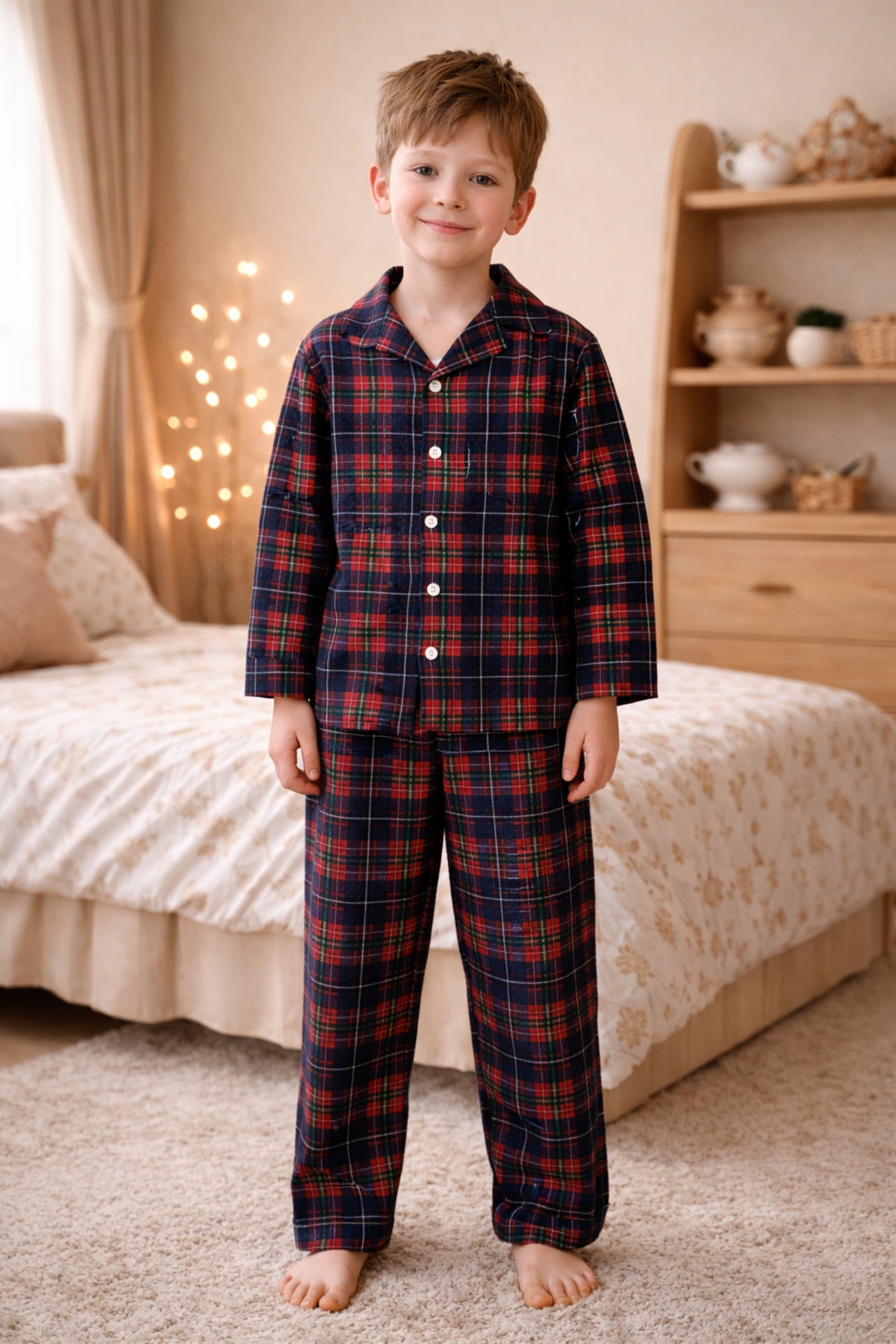 Erkek çocuk pamuklu ekose desenli süet pijama takımı