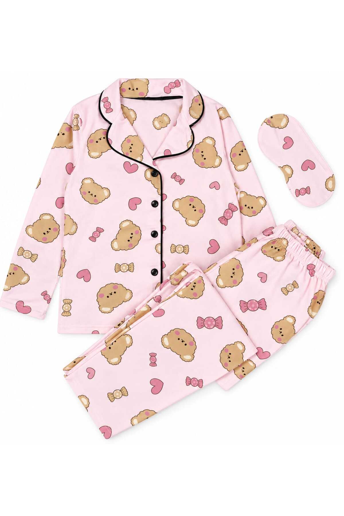 Anne kız pamuklu düğmeli uzun kollu süet pijama takımı (tek takım fiyatıdır)