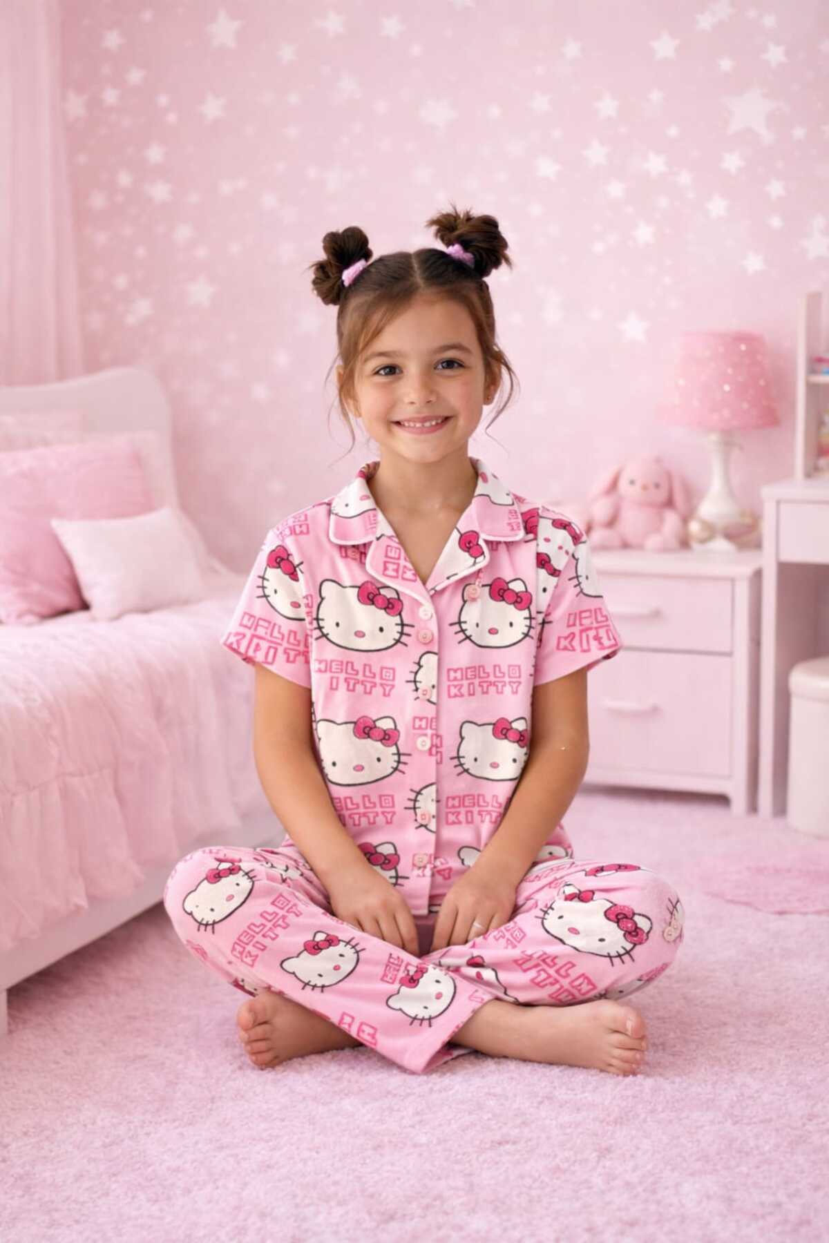 Kız çocuk düğmeli gömlek yaka yazlık kısa kollu pijama takımı