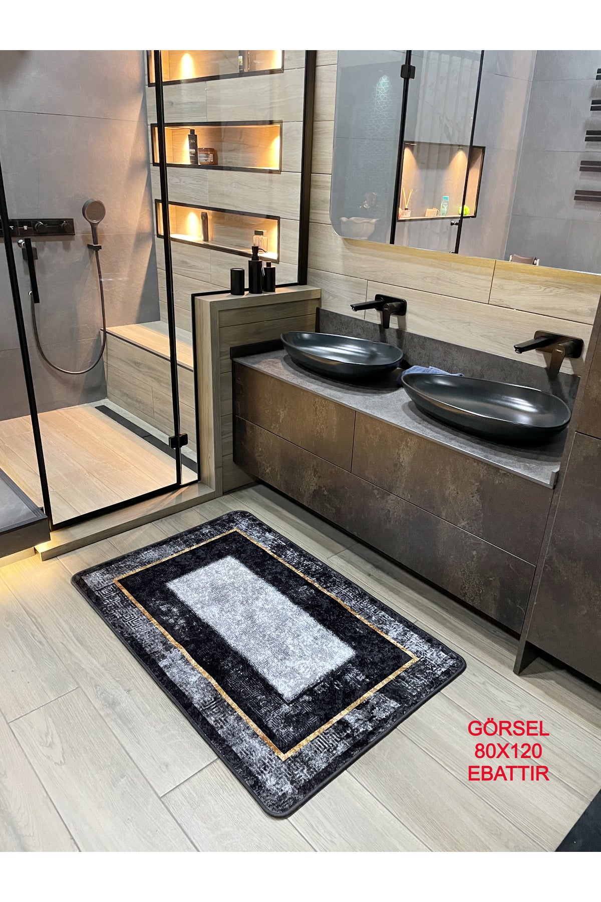 80X120 Ölçü Eskitme Görünümlü Kaymaz Taban Kahverengi Banyo Paspası
