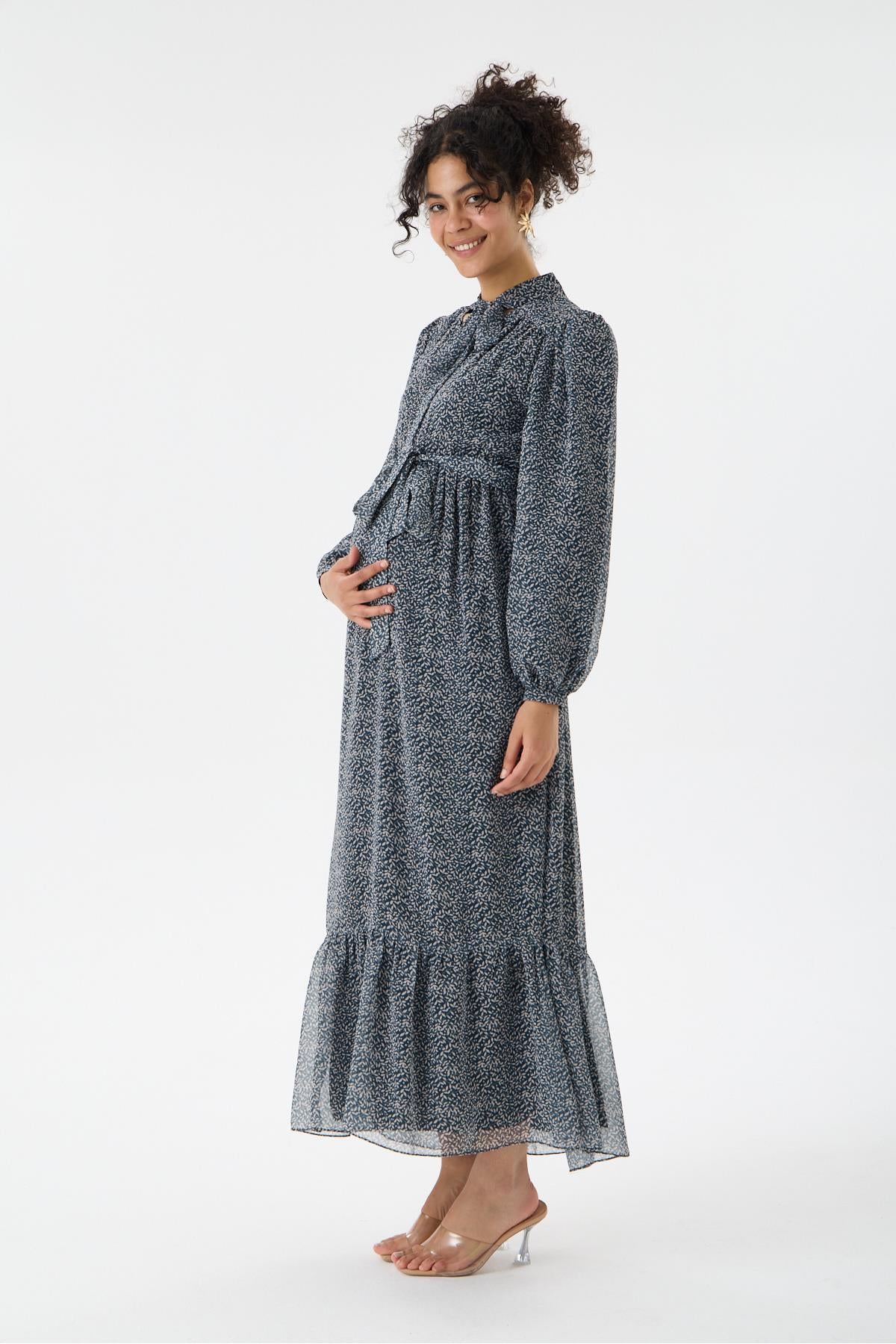 M0015-Yaka Bağlamalı Çiçek Desen Maxi Hamile Elbise
