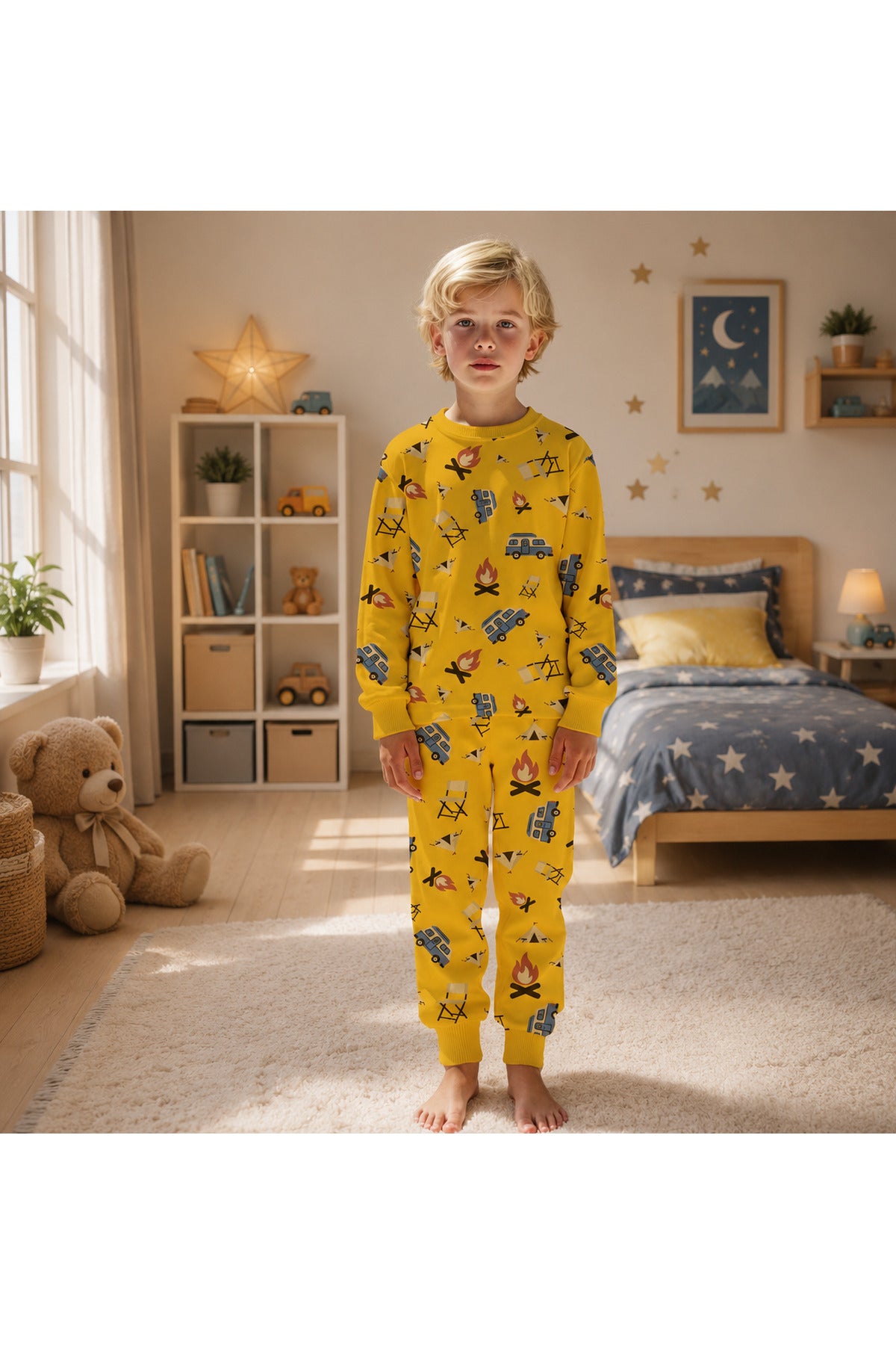 Elmas kids Erkek çocuk %100 pamuklu kamp desenli uzun kollu esnek pijama takımı