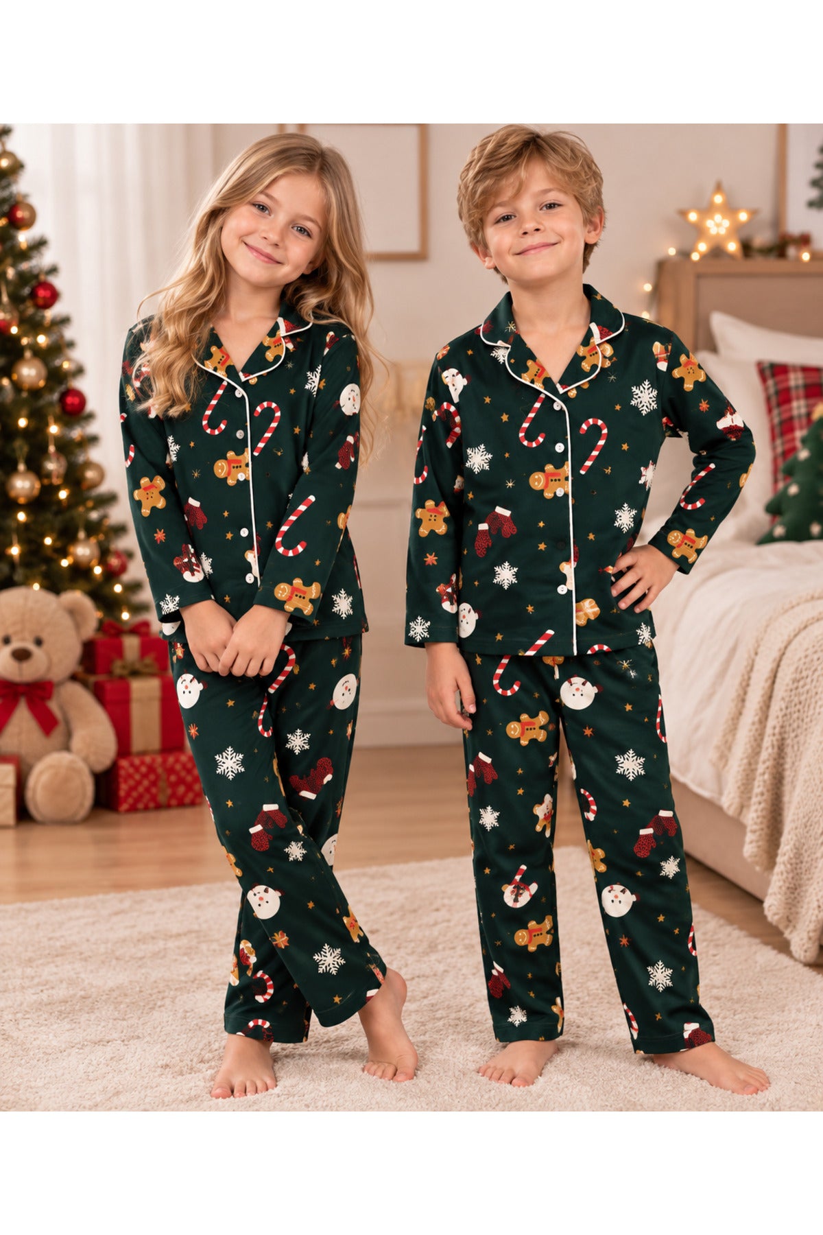 Kız ve erkek çocuk unisex model yılbaşı özel desenli düğmeli uzun kollu pijama takımı