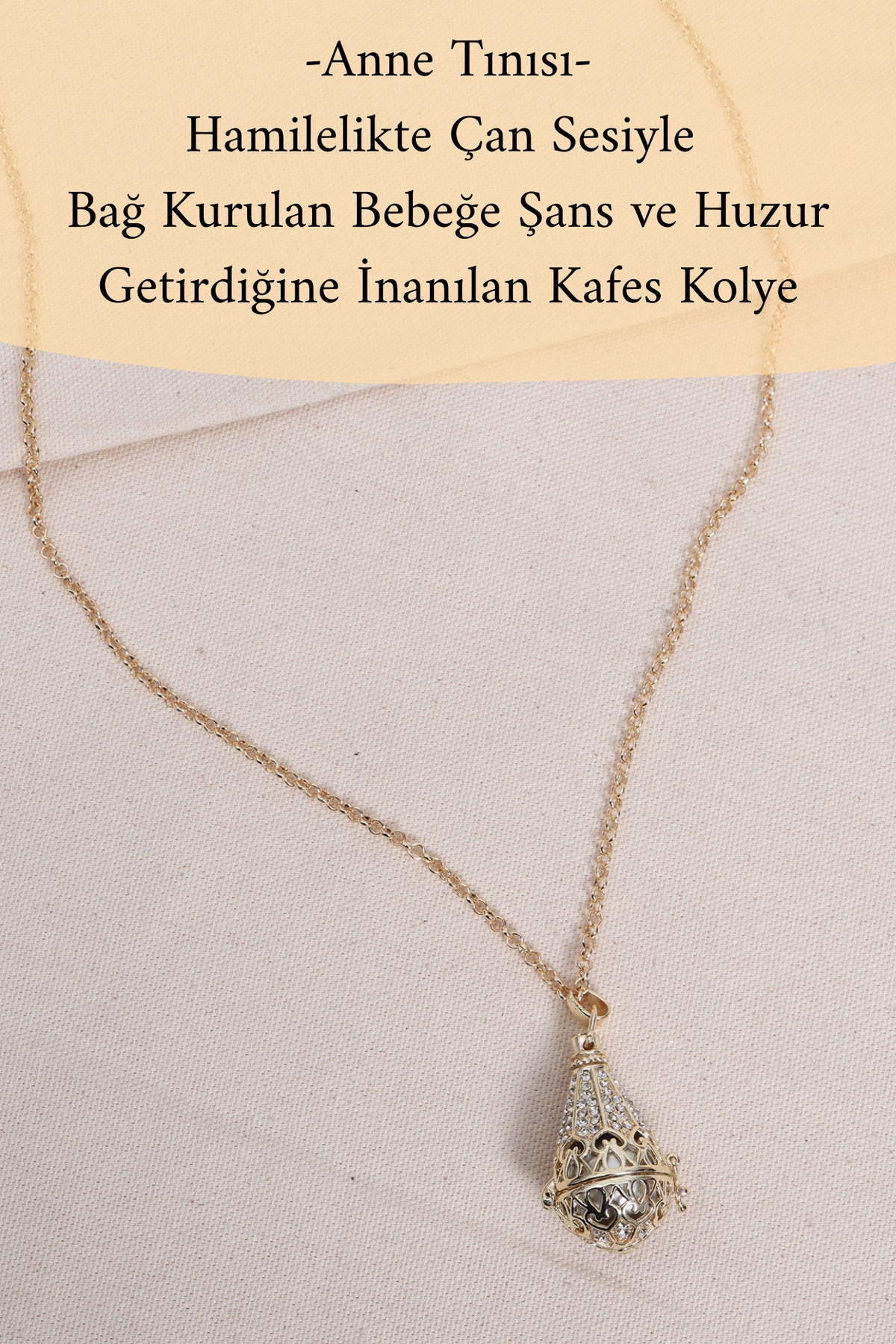 Anne Tınısı - Gold Renk Beyaz Taşlı Çan Kolye