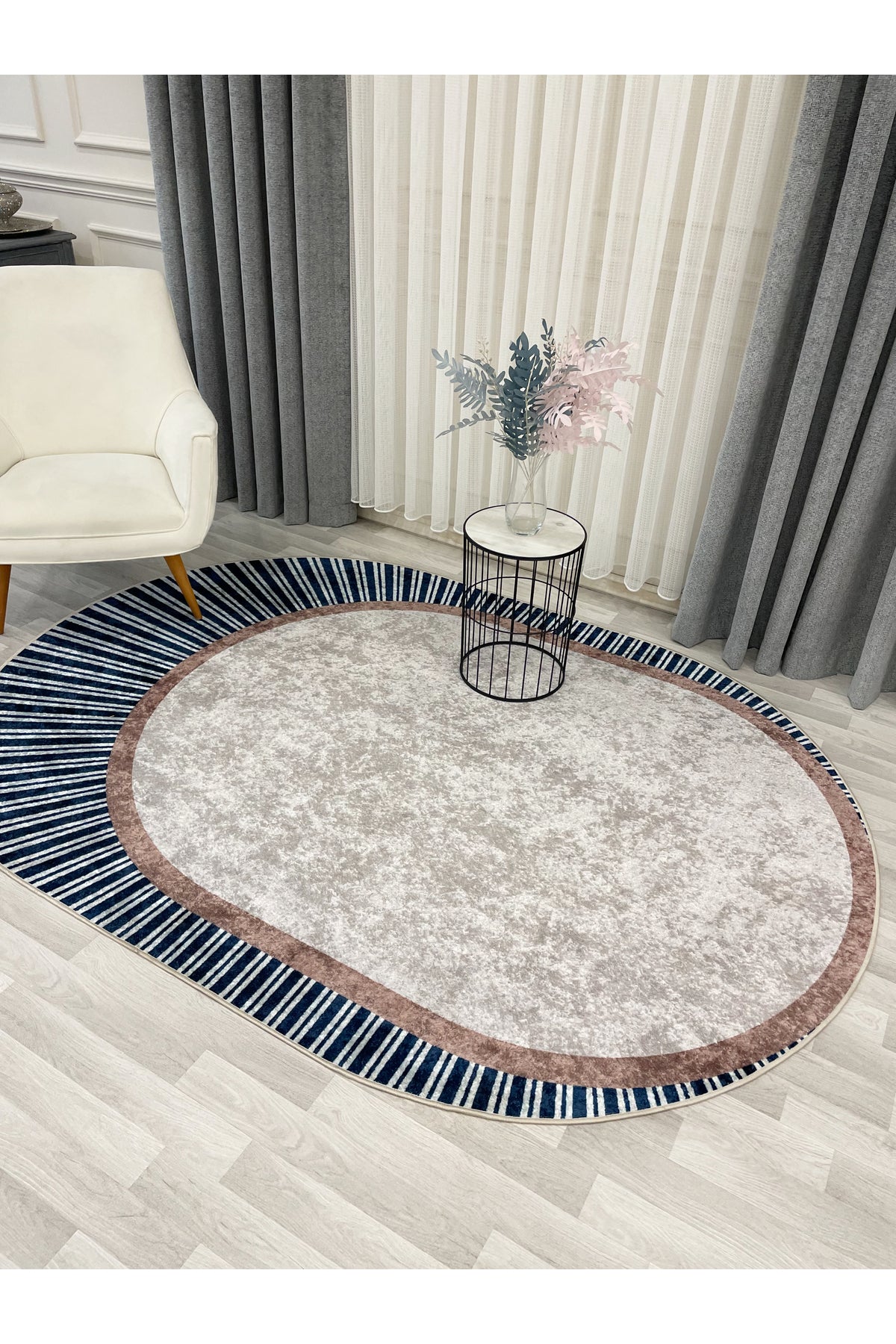 YEŞİL Renk Çizgili Oval Kaymaz Taban Halı