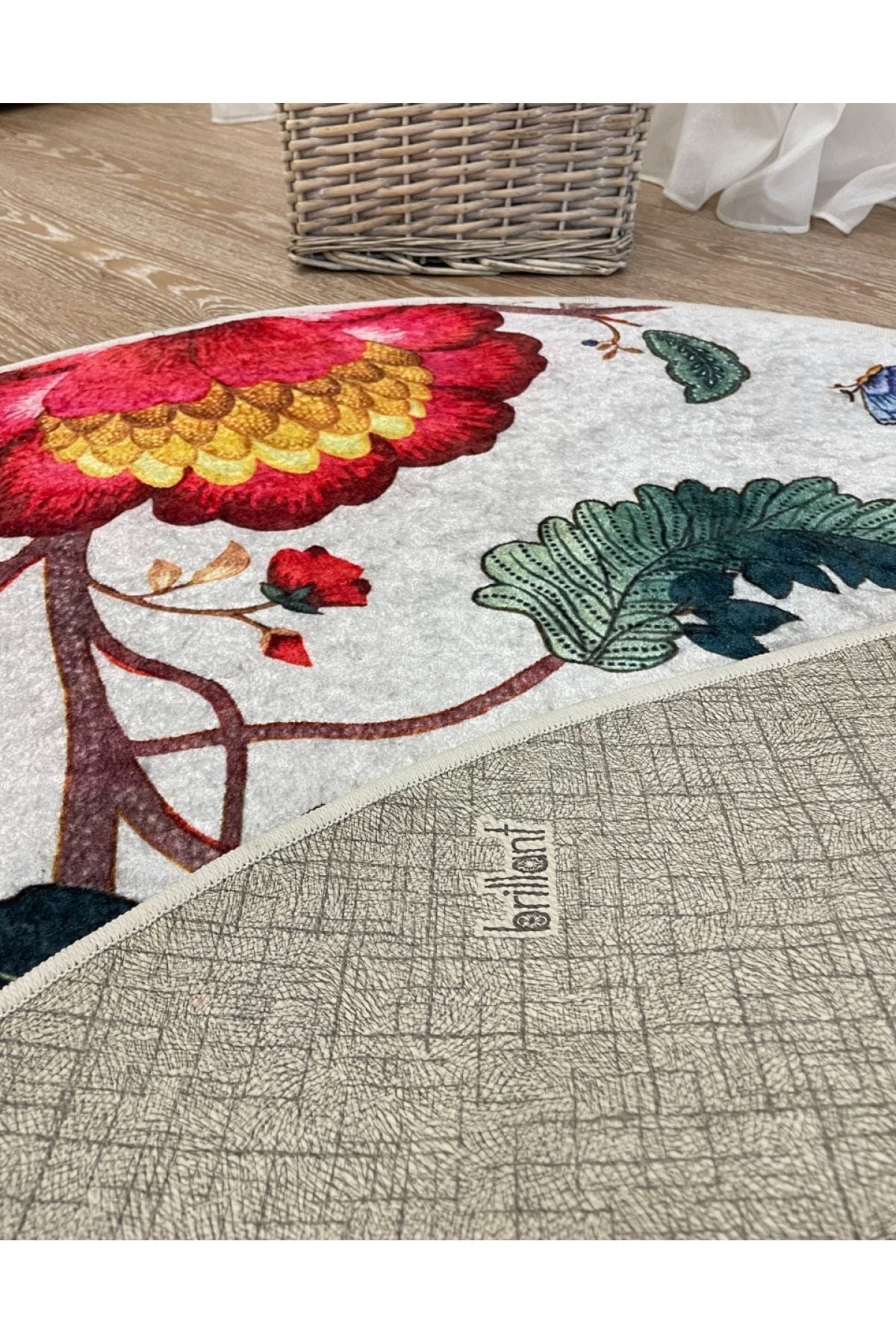 Çiçek Desenli Dekoratif Deri Taban Yuvarlak Halı - Gri