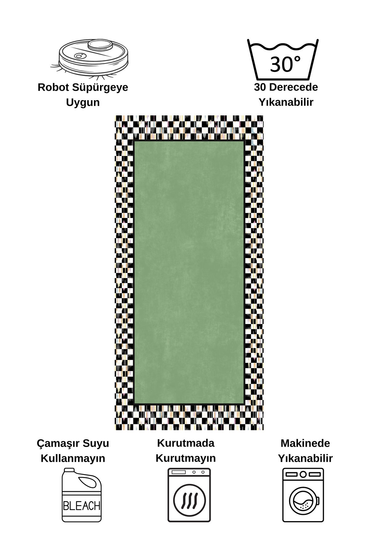 Damalı Kaymaz Taban Yıkanabilir Mutfak Yolluk Halısı