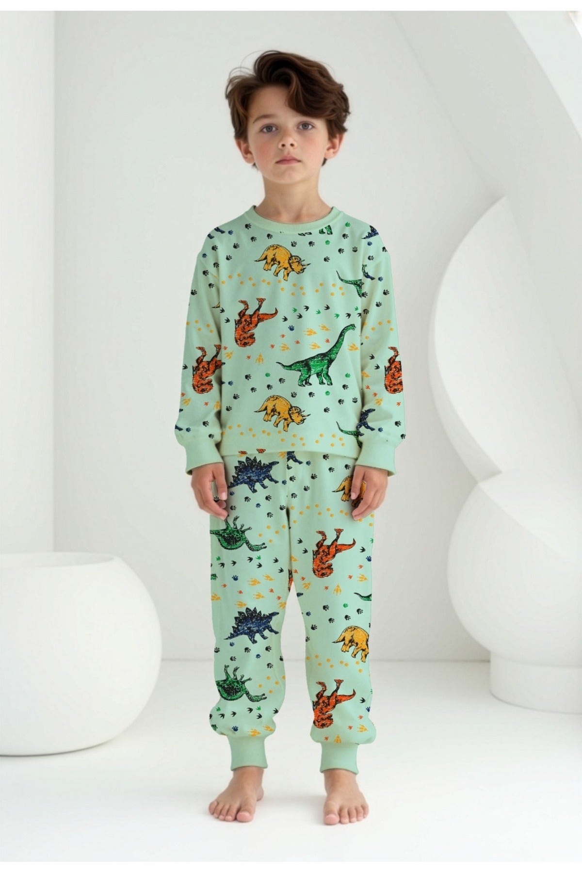 Erkek çocuk %100 pamuklu yeşil dinozor desenli uzun kollu pijama takımı
