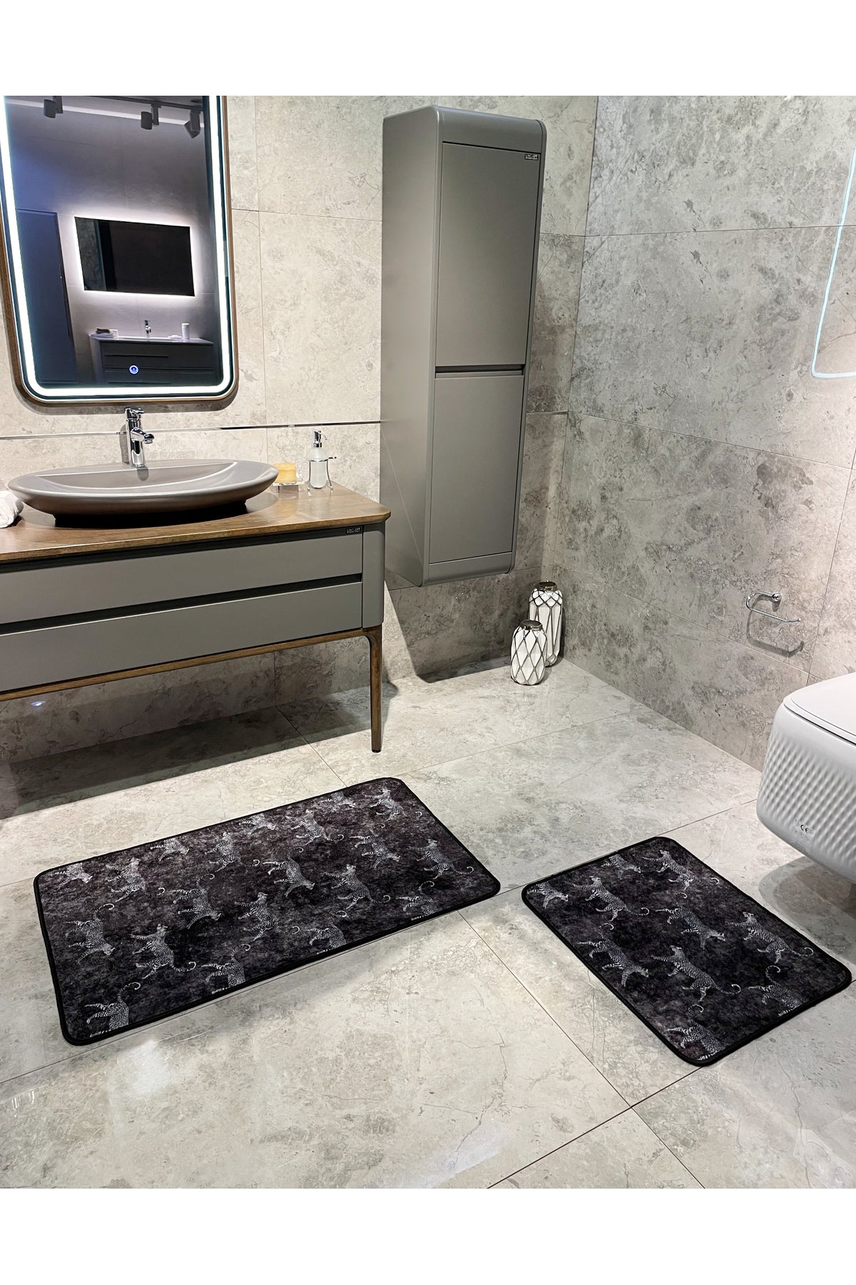 2'li Lateks Deri Taban Banyo Paspas Takımı (60X100 - 60X50) KoyuGri